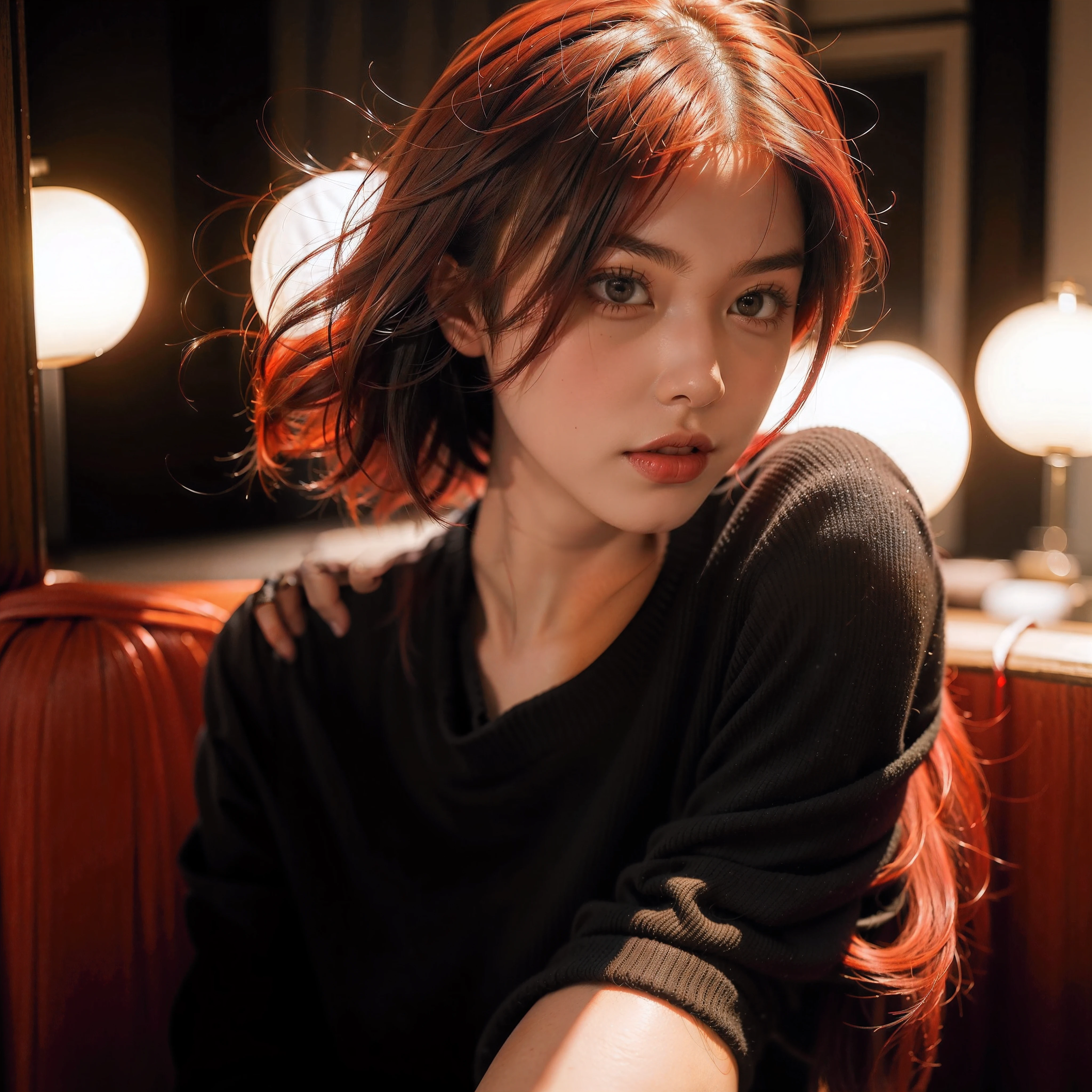 Hot girl,Extremely Red dyed hair,Short hair,Attractive,Perfect girl,Masterpeice