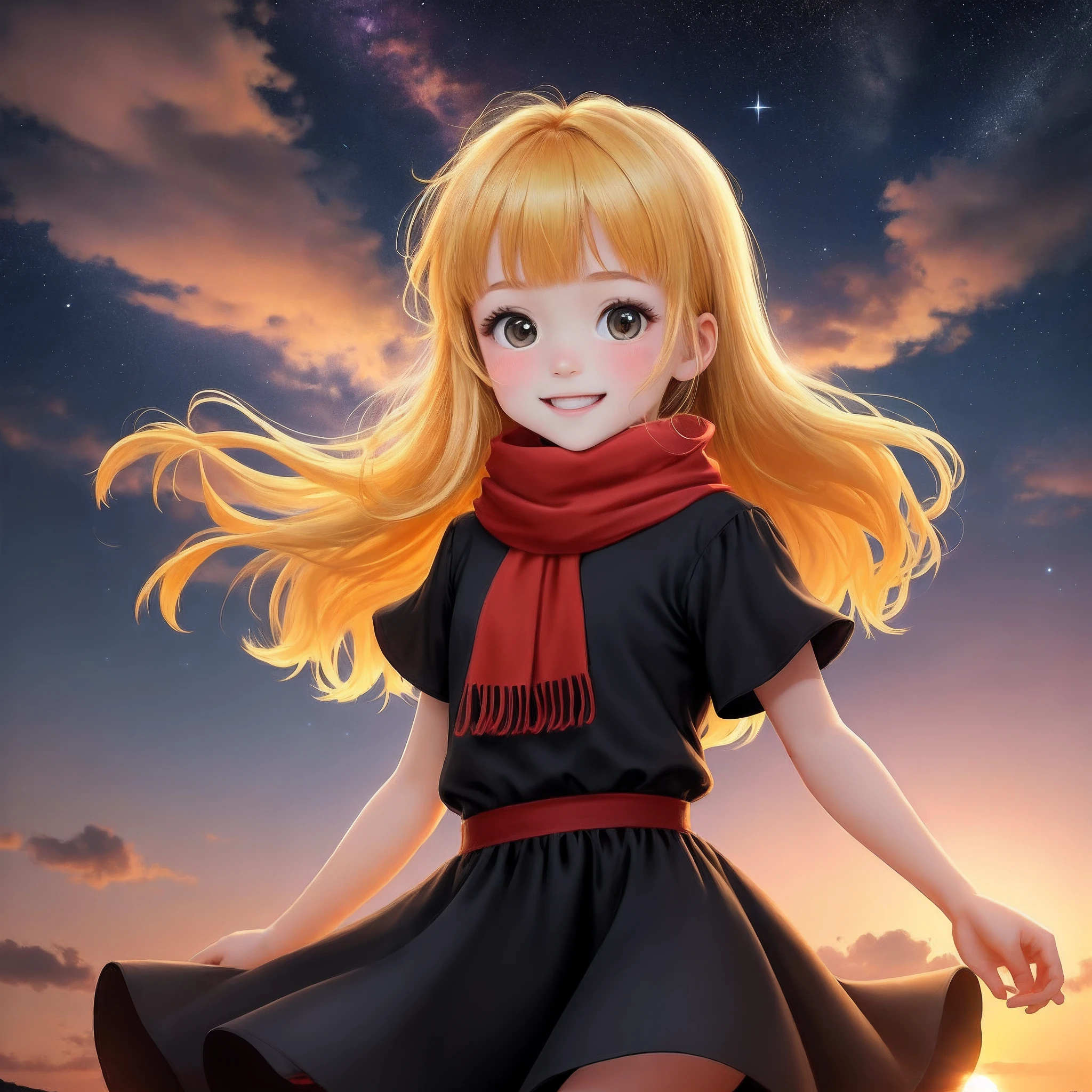 Orange-yellow hair,With bangs,Hair on both sides,Cheerful and lively little girl,Young age,With a red scarf,The dress is a black skirt,Confident, cute and lively,There is light in the eyes,The background is night,There are stars around,The girl hangs in the air,And this girl seems to bring light,Its surroundings are bright,It's like a warm sunset,The light emitted is small and warm