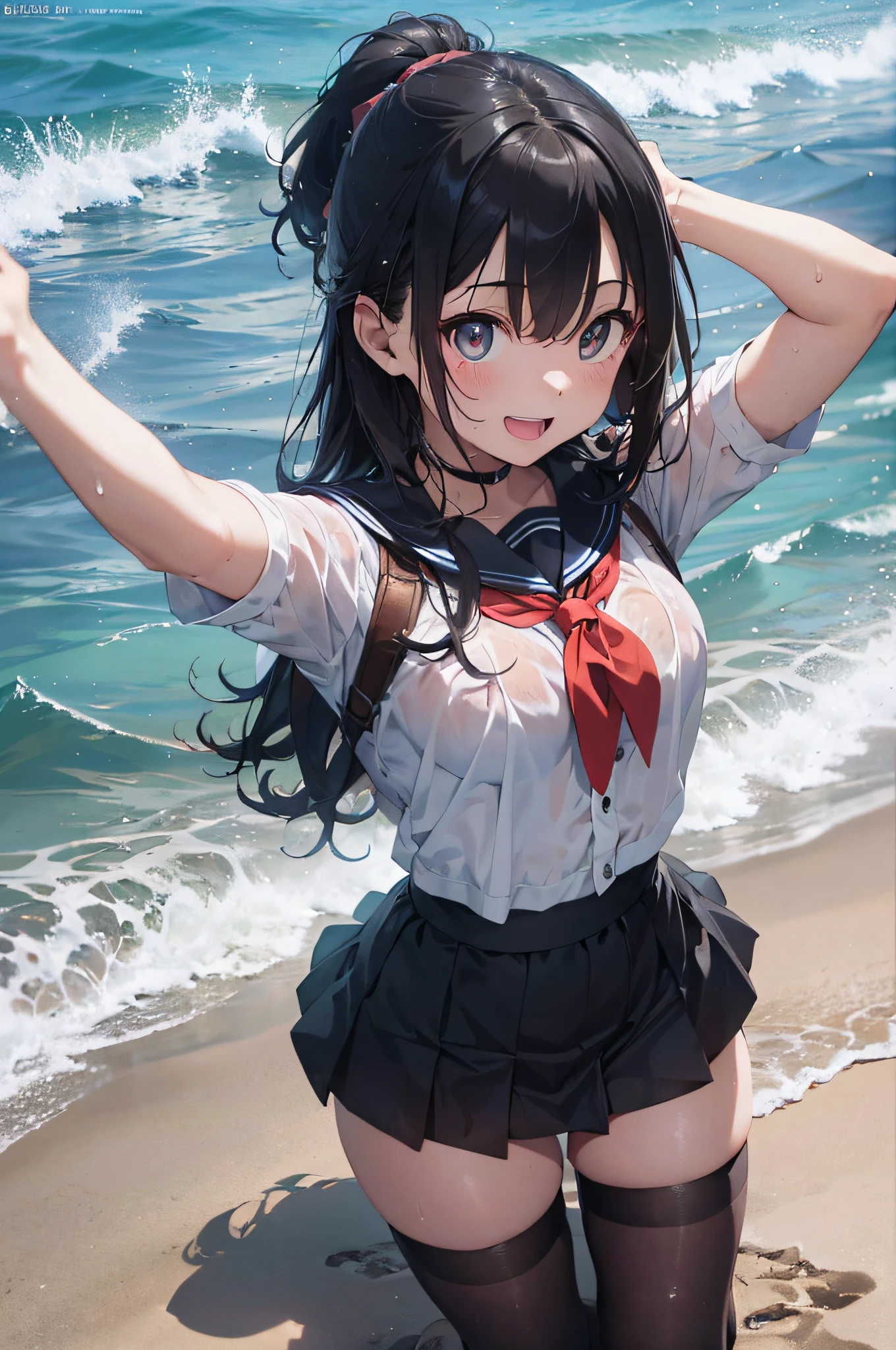 (Official art、Best Quality、Unity 8k Wallpapers、32K、masterpiece、ultra-detailliert、超A high resolution、realisitic、Photorealsitic:1.2)、(natural soft light:1.2)、Fireglow effect、film grains、Best Shadows、Rim lighting、side lights、sideshot、(Ultra-detailed and complex 3D rendering)、Detailed beautiful face and eyes、Sharp pupils、Realistic pupils、Full body, sand beach、beauitful face、blurry backround、18 year old beautiful girl、shinny skin、Wet beautiful black hair、Wet sailor suit、pleatedskirt、(thighs thighs thighs thighs:0.9)、Curve、Dynamic Poses、Smile with open mouth、Two girls、