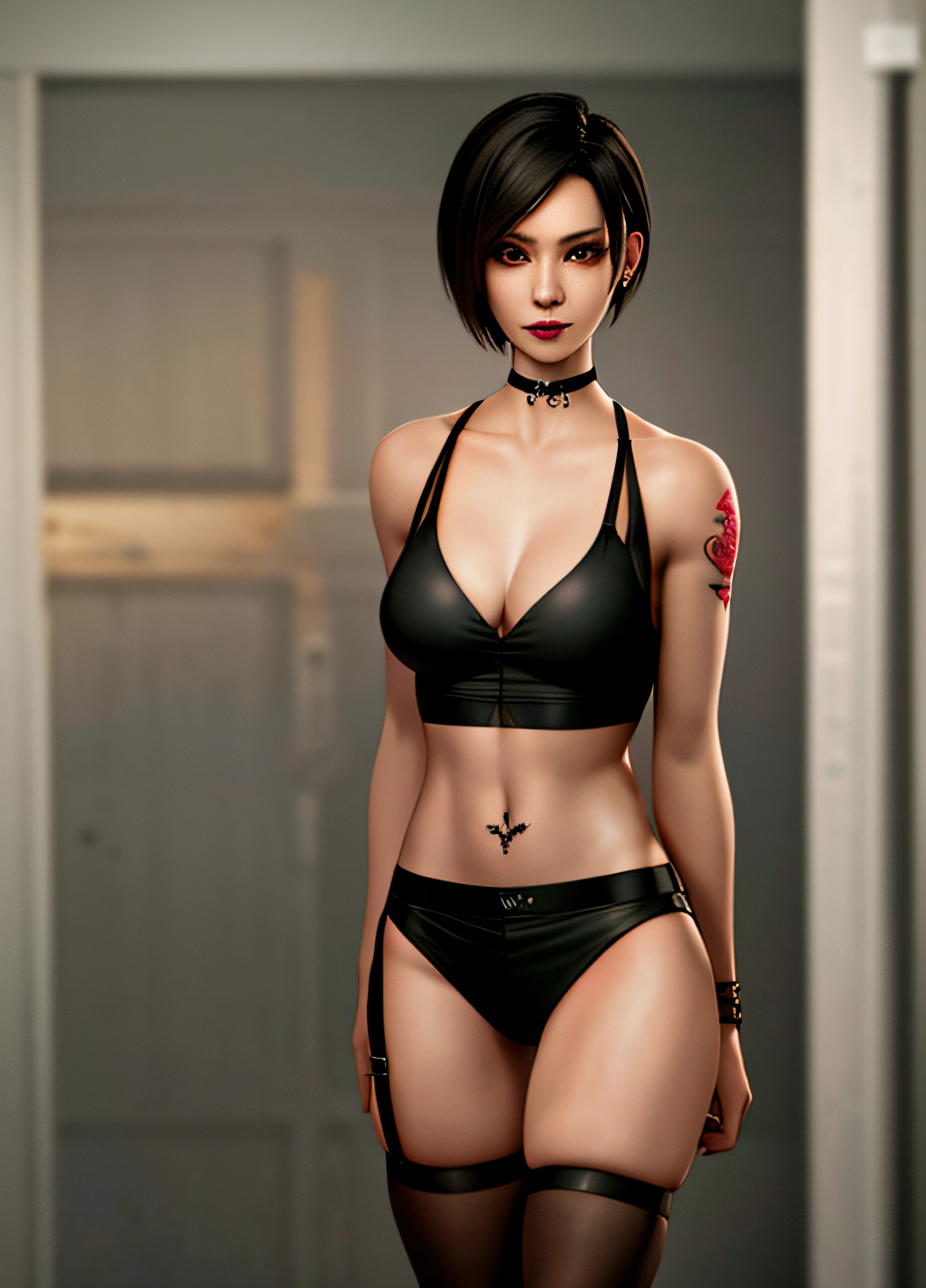 young woman 20 years old, black lingerie, cleavage, black skirt, tattoos, piercings, boobs, resident evil style, brown eyes, thin body, thigh highs, realistic style, 8k, medium breasts, medium butt, asian, model Ada wong realistic, real photo, realism, highres, clear face