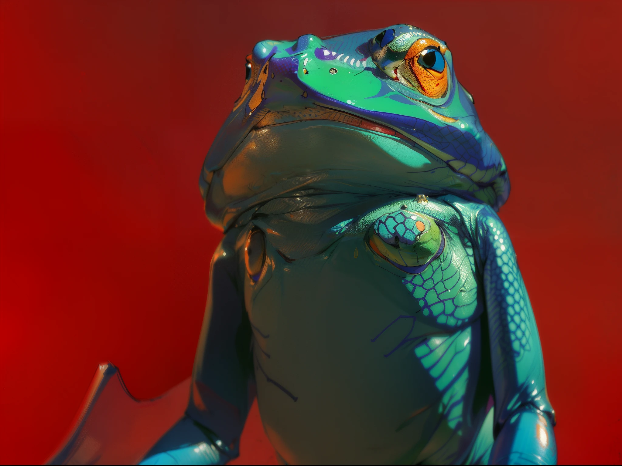 by dino, impasto, oil painting, anthropomorphic frog, urban clothes, vivid red background, solo, simple background, from below