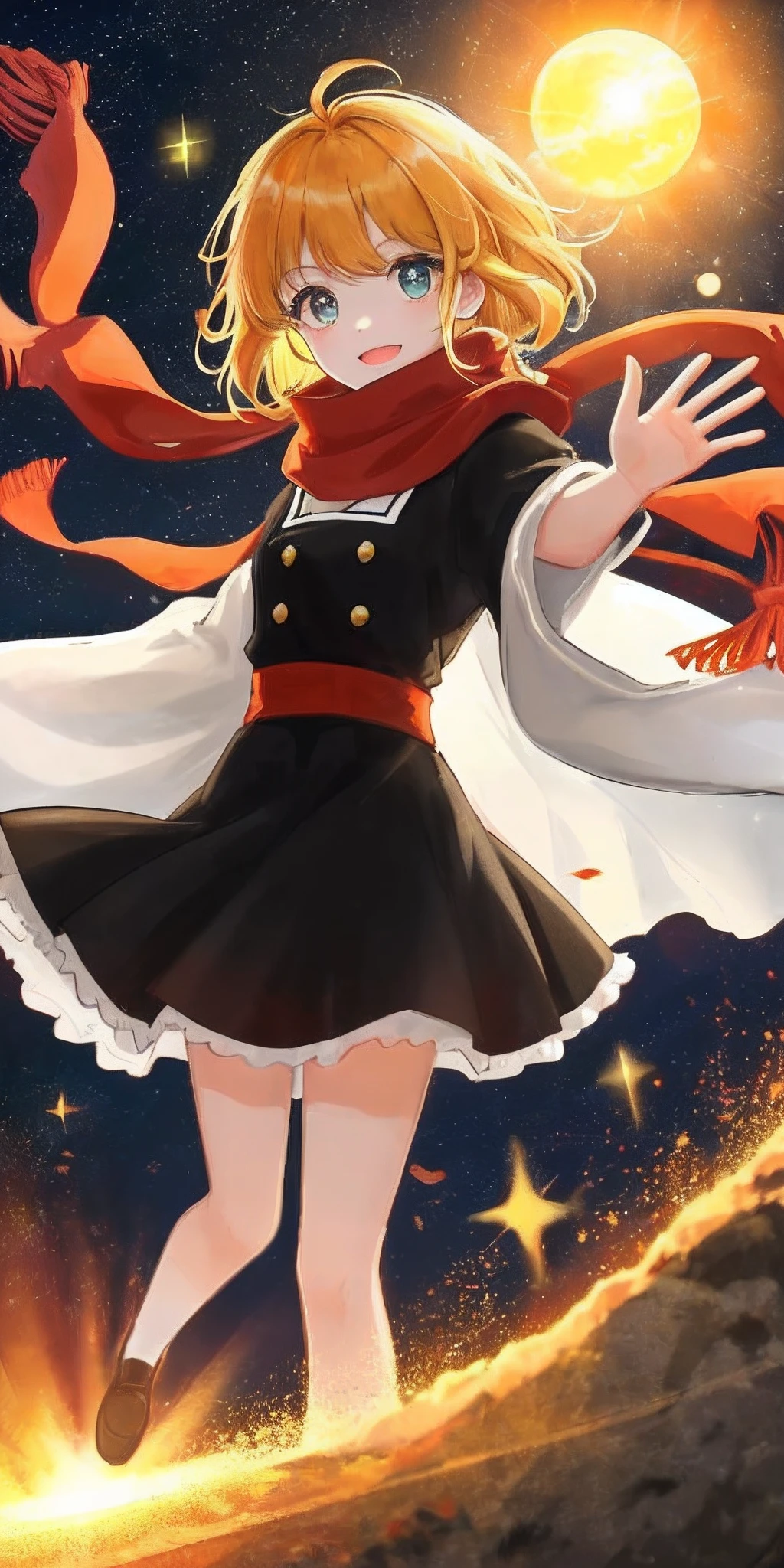 Orange-yellow hair,With bangs,Hair on both sides,Cheerful and lively ,With a red scarf,The dress is a black skirt,Confident, cute and lively,There is light in the eyes,The background is night,There are stars around,The girl hangs in the air,And this girl seems to bring light,Its surroundings are bright,It's like a warm sunset,The light emitted is small and warm