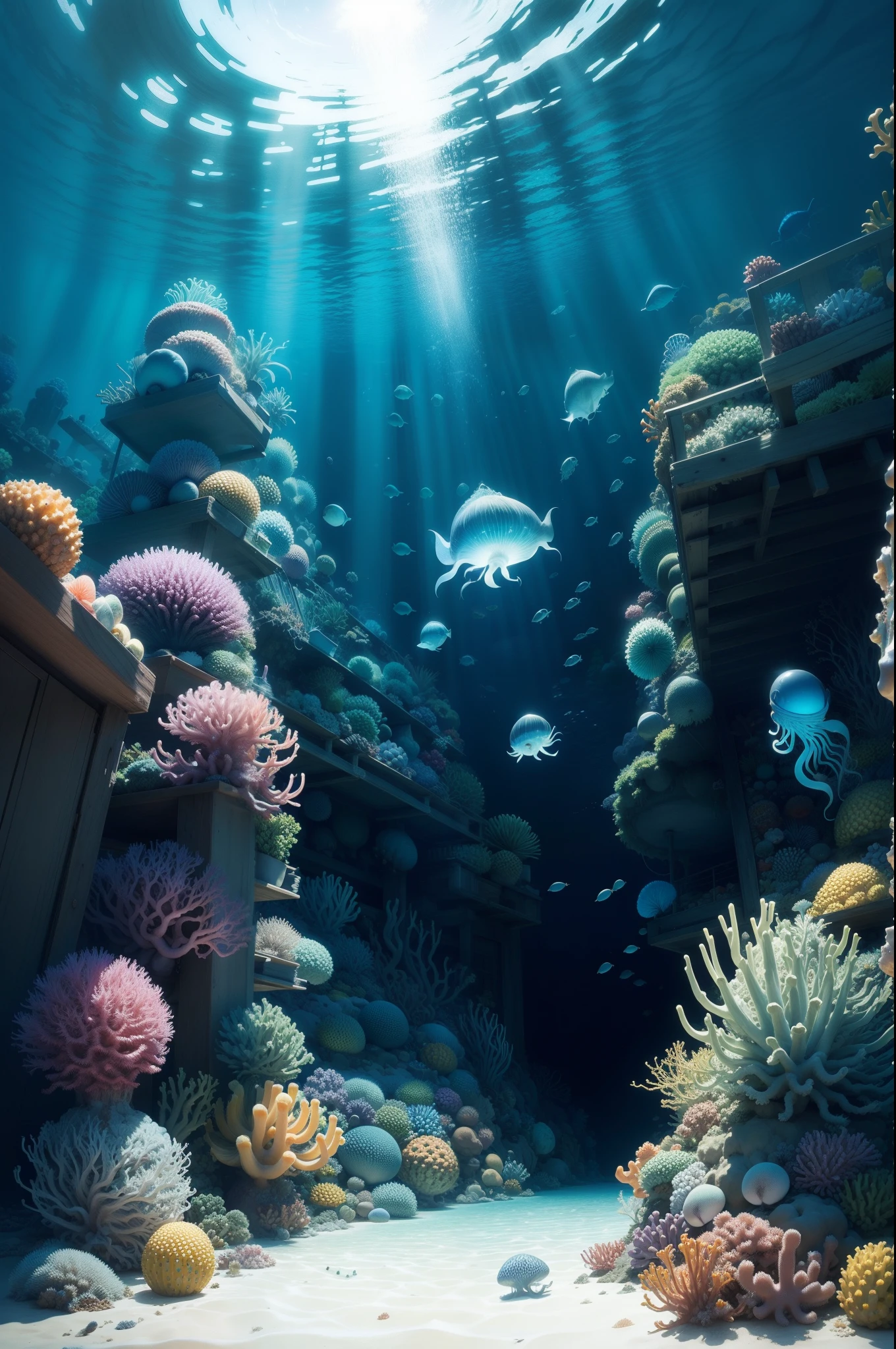 Pineapple the under the shining blue sea, jelly fish, Anemon,fish, squid,crab,coral