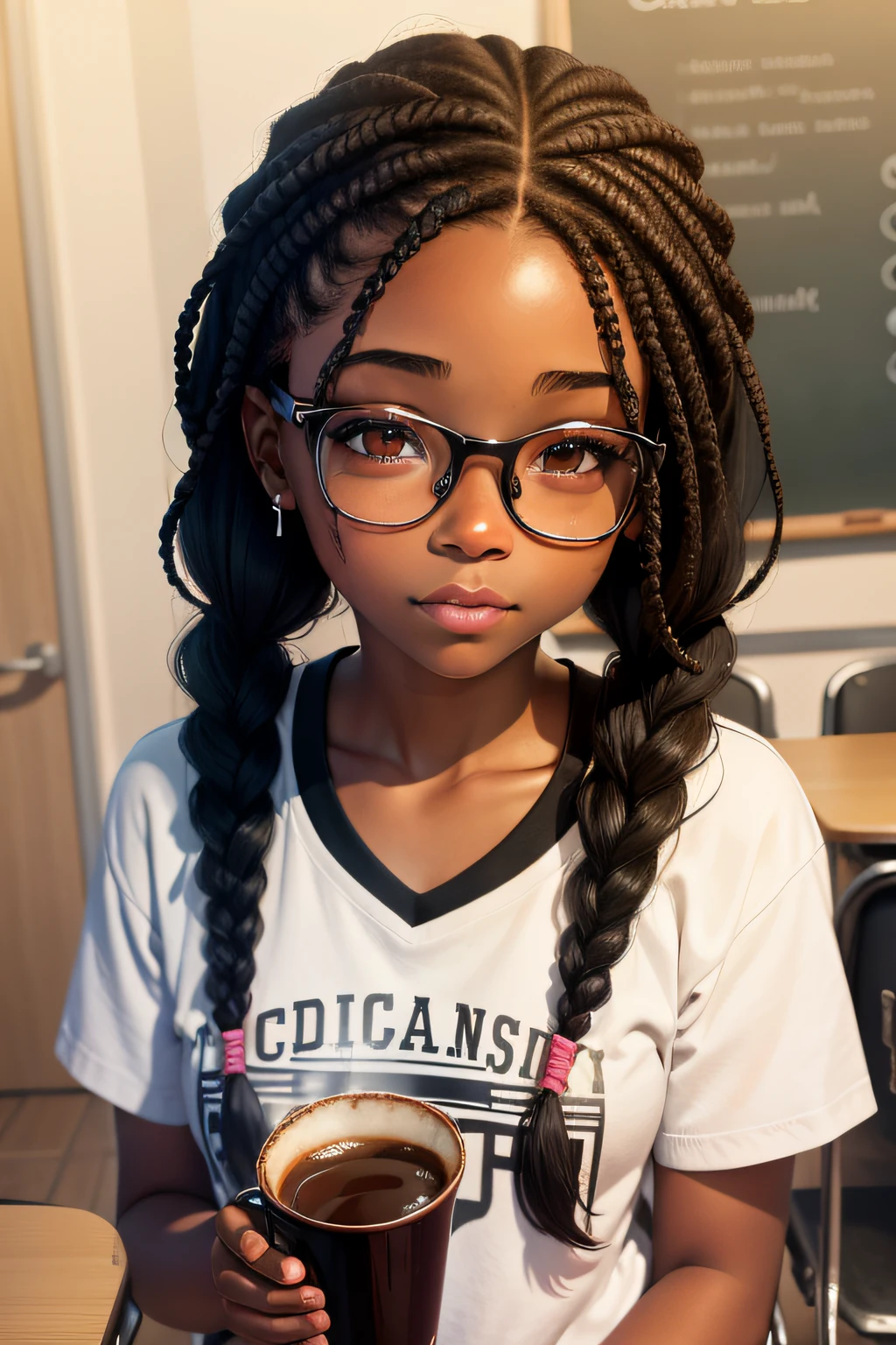 (obra maestra, mejor calidad), Deep Ebony 1 Girl, hermoso rostro, trenzas que cuelgan libremente, feliz, estudiando sentada en la mesa, escribiendo, concentrada, con gafas doradas, vista desde un lateral