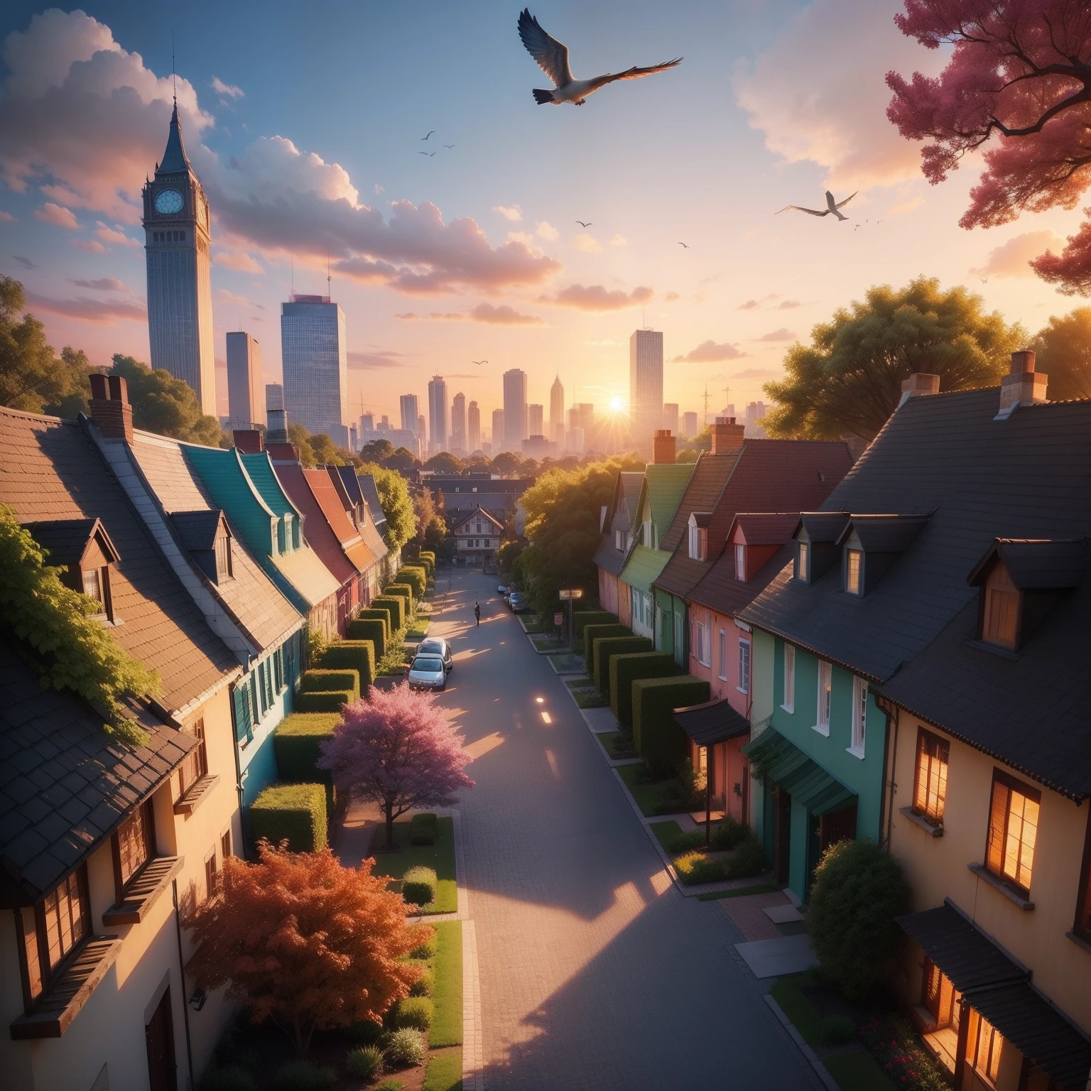 Create a beautiful colorful city with gardens and trees, birds and a beautiful sunset