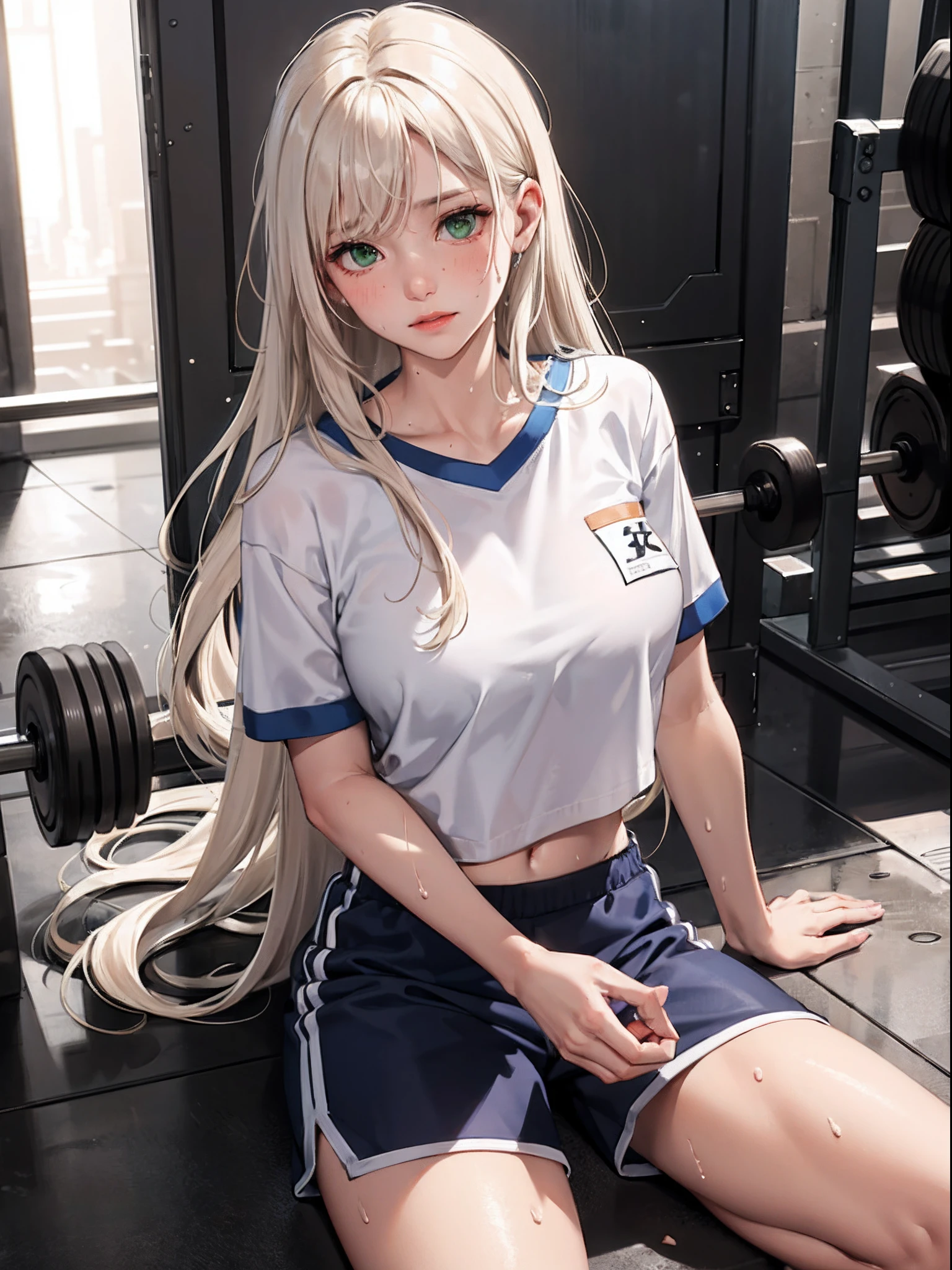 Highest quality、super high quality、16K, Delicious breasts、Facial expressions are random、Location is a school、 Hair color is silver hair、The pose is with the butt facing the viewer.、The distance is random、Angle from below、Small face、Very delicate facial expressions、Delicate eye depiction、Highly detailed hair、Erotic、18-year-old female、Glowing Skin、Soft Skin、The only sexy Japanese woman、Clothing is random gym clothes、1 female、