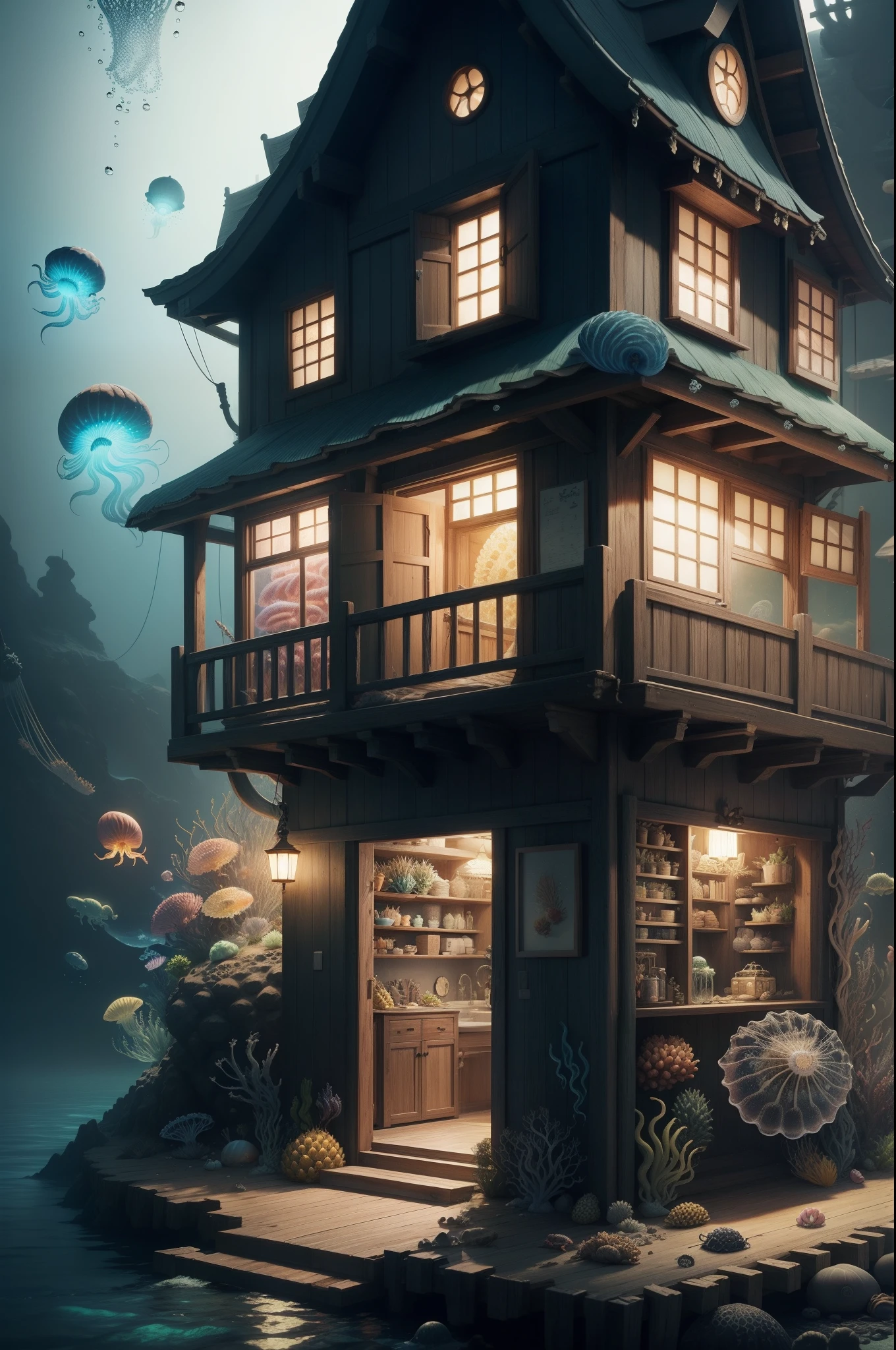 Pineapple house under the sea, jelly fish, Anemon,fish, squid,crab