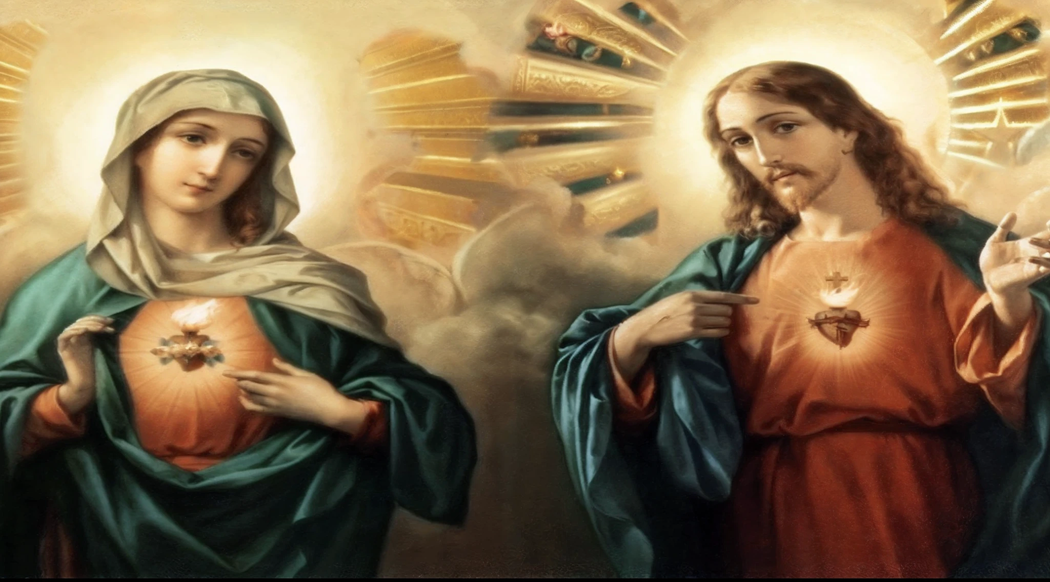 There are two images of Jesus and Mary praying, Arte Religiosa 8k, ultrarrealista, imagens sagradas, maximum quality, maximum detail on their faces, detail in your hands, pele perfeita sem mancha, dedos corretos de humanos, image with background with good lighting, Jesus Christ Has Enlightenment on His Head, gesture of adoration to the father who is God according to the sacred bible, maximum realism in the images. good ilumination.