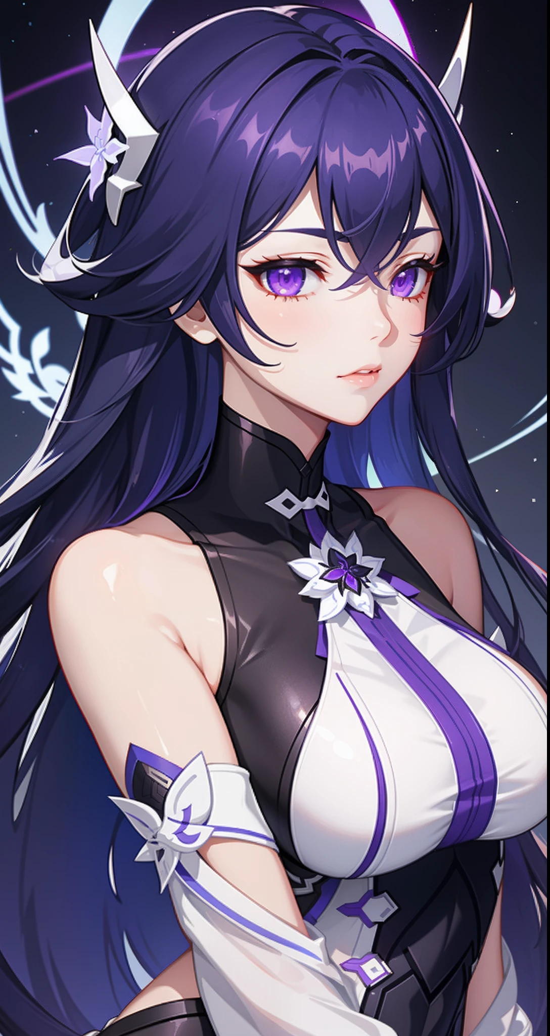 raiden mei from honkai impact, tall woman with deep purple hair, intricate background