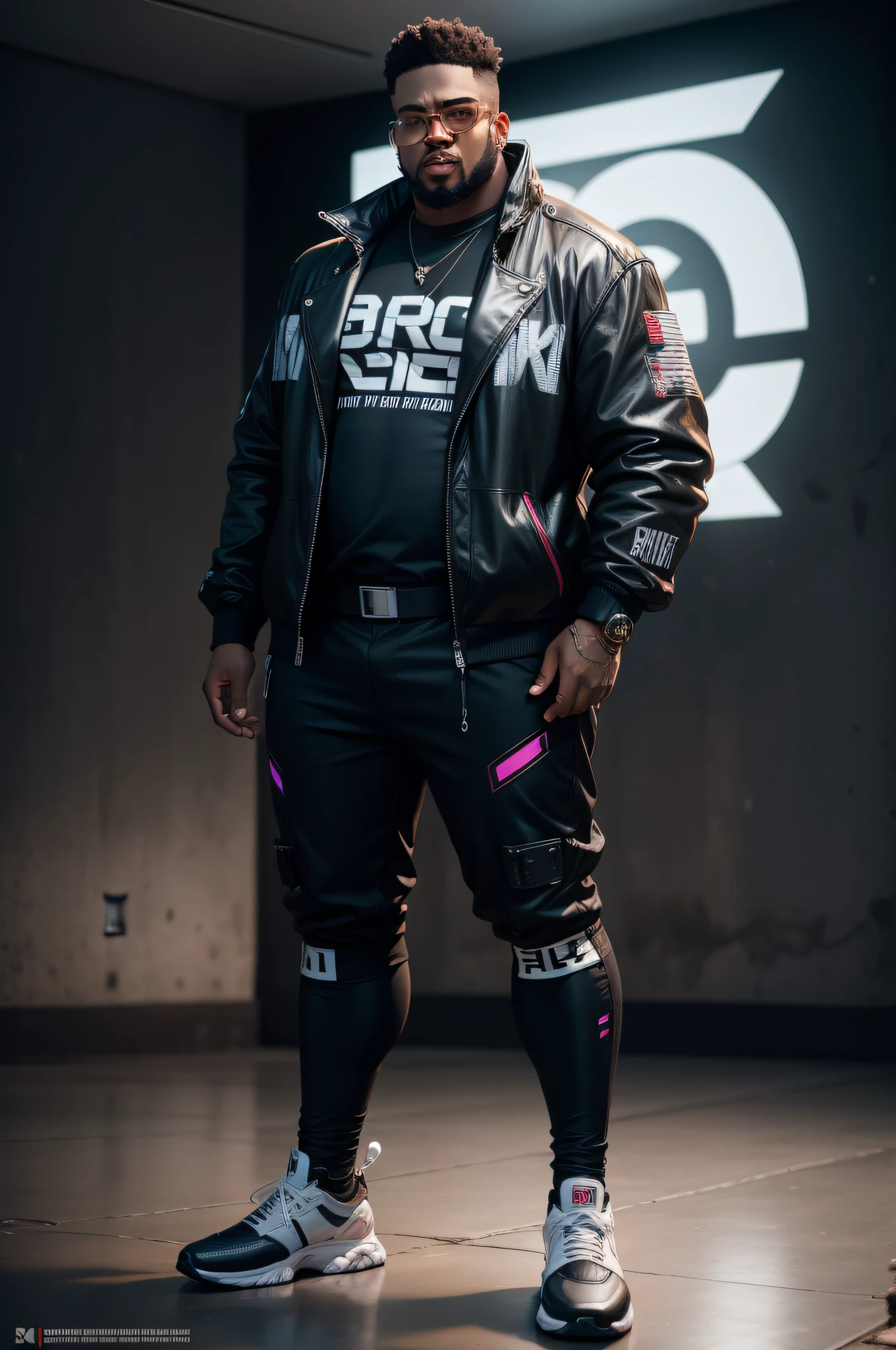 homem gordo negro,roupas hip hop cyber punk,folha de personagem corpo inteiro,modelo de personagem detalhado,estilo roosuri,8k mais gordo e sentado