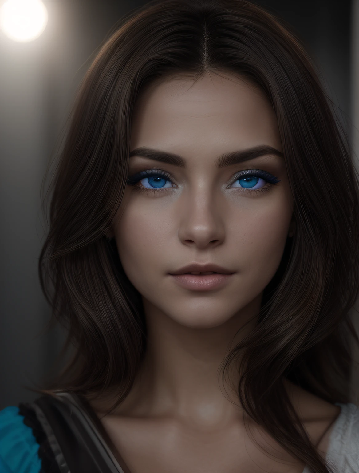 A close up of a woman with blue eyes and a black top - SeaArt AI