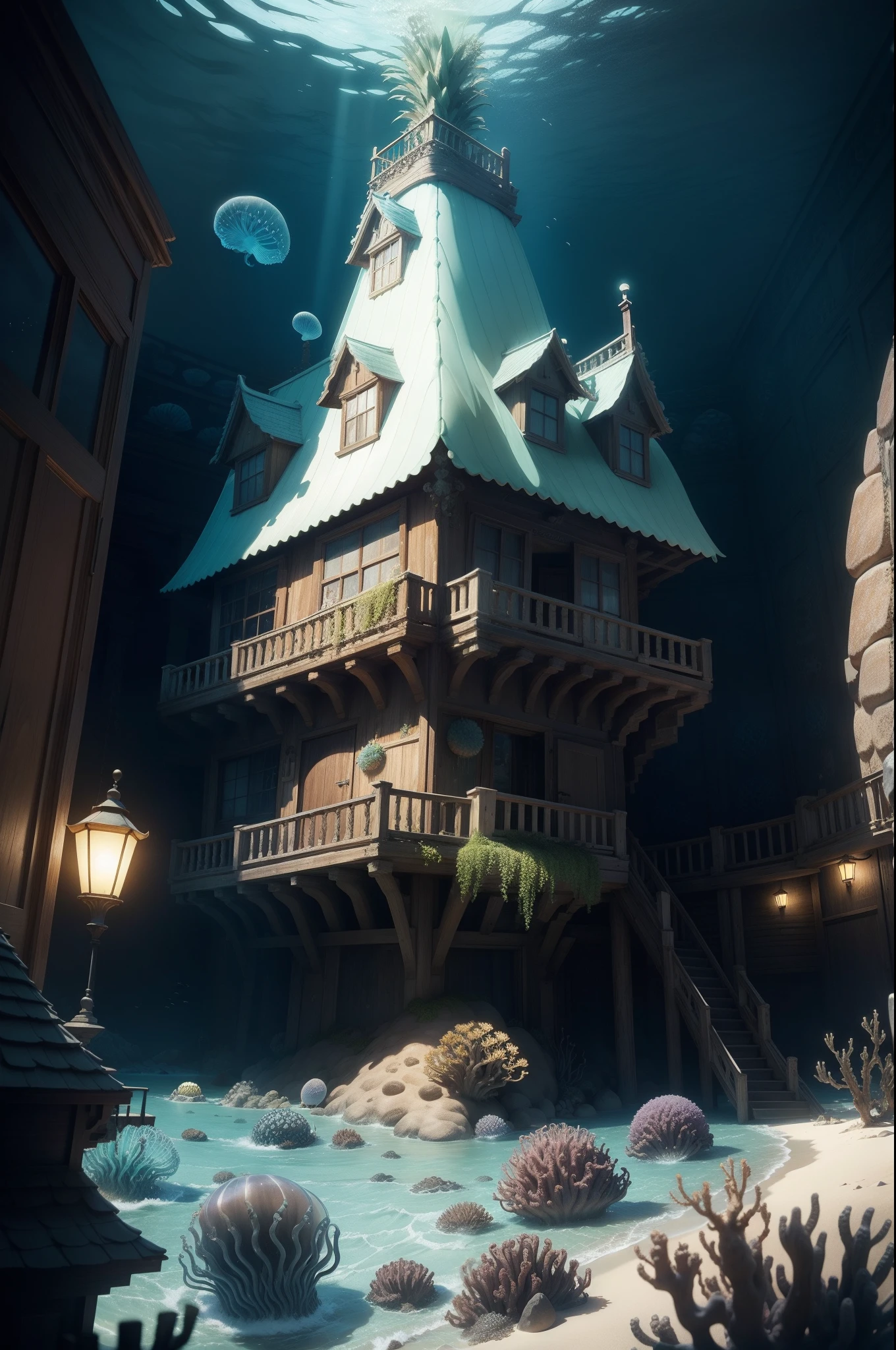 Pineapple house under the sea, jelly fish, Anemon