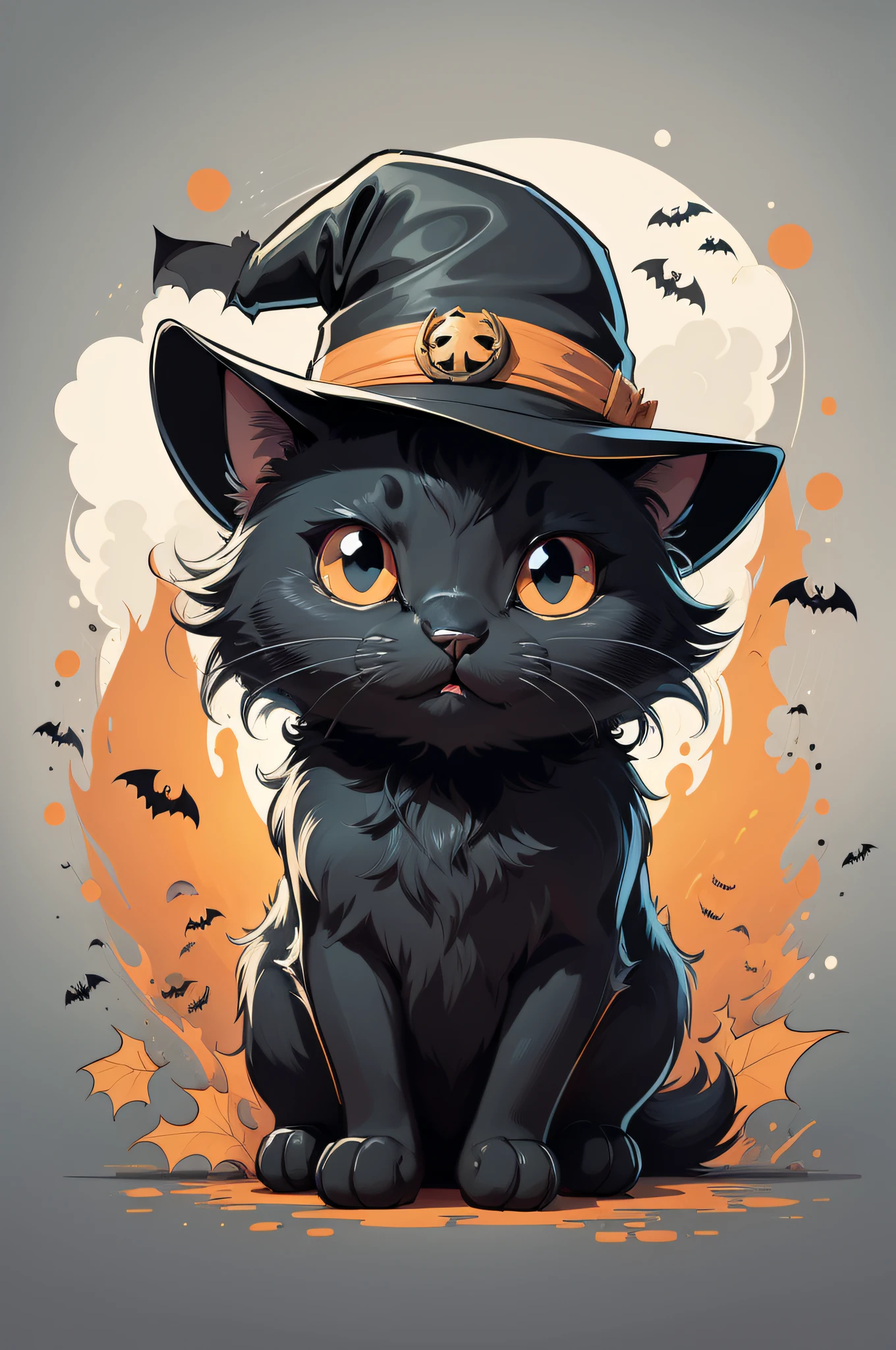2d in outlines vector, Cute black cat with unsettling wide grins, Halloween hat, bats flying around, outlined, white background, cartoon, flatten illustration, just outlines, less details, modern cartoon style, vector graphic