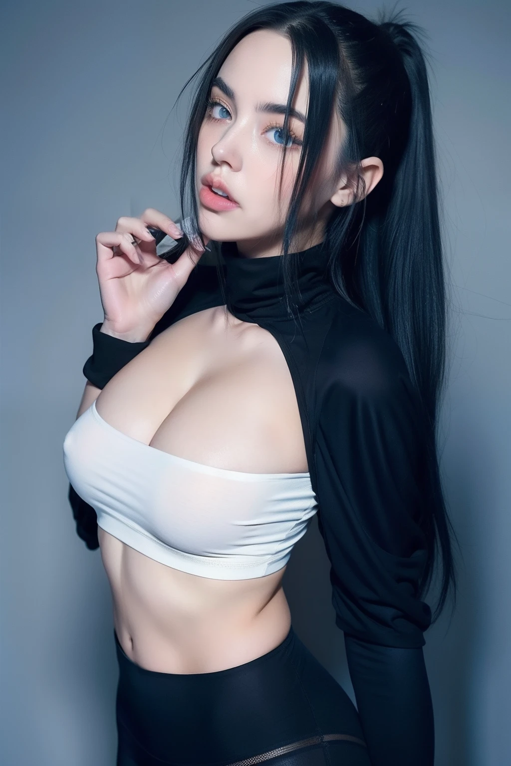 leggings girl billie eilish, gun, superlative, masterpiece, seduction, full body, heavy makeup, hair ties, slightly open mouth, big eyes, glossy, very pretty face, slender waist, sex pack, photorealistic, billie Eilish face, full body, hight quality billie's eilish face, big boobs.