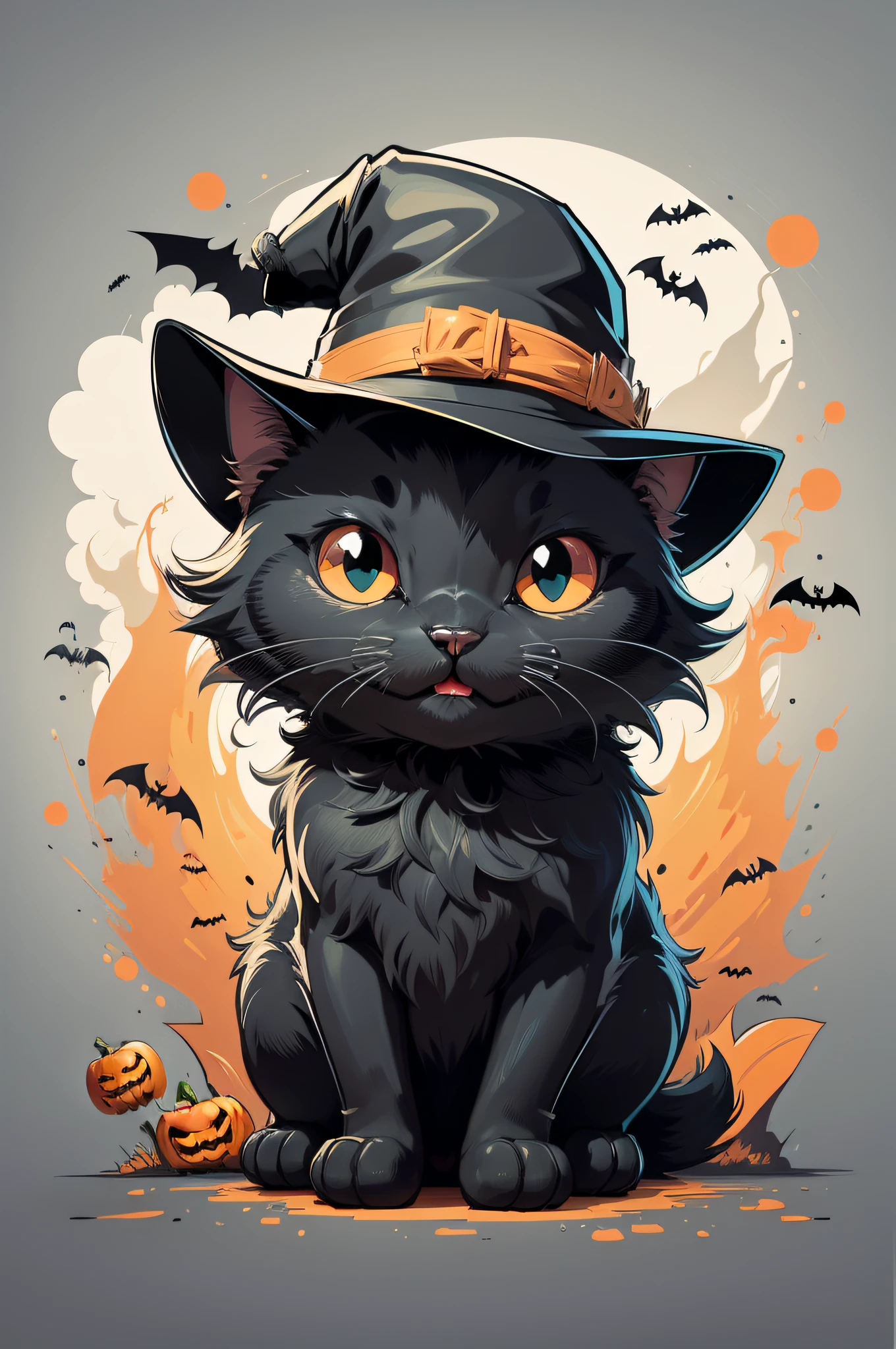 2d in outlines vector, Cute black cat with unsettling wide grins, Halloween hat, bats flying around, outlined, white background, cartoon, flatten illustration, just outlines, less details, modern cartoon style, vector graphic