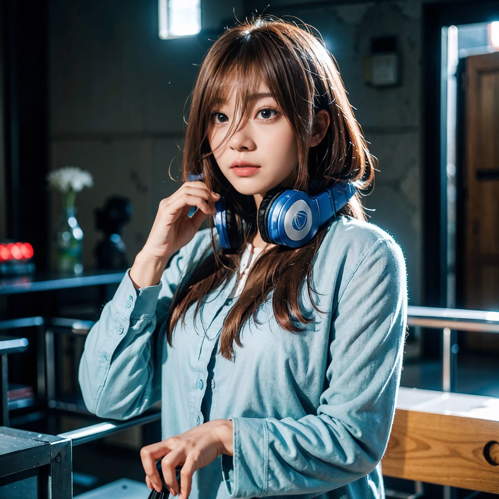 （（dressed casually、Natural color clothing、long、Long bangs、red hair、e Blue Eyes、Colorcon、Big blue headphones around the neck））、（The to the FW、8K、Raw photography、top-quality:1.4、hight resolution:1.4、tmasterpiece:1.4）、（hyper realisitc:1.4）、1girll、hentail realism、The ultra-detailliert、Photorealsitic:1.4、unbelievable Ridiculous、Urzo-6500-V1.1:0.33、closeup cleavage、Floating hair、Soft light、Cinema Lights、film grains、full body Esbian、depth of fields、Blurred back、bokeh dof:1.4、eyes focus、angle of view、85mmレンズ、F/1.4、profetional lighting、lensflare、Luminescent particles:0.6、Professional Writing、Poleto:0.6、photon maping、Radio City、physically-based renderingt、Transparency、one girls、well-styled、light skinned:1.1、Cute Baby Turtle:1.5