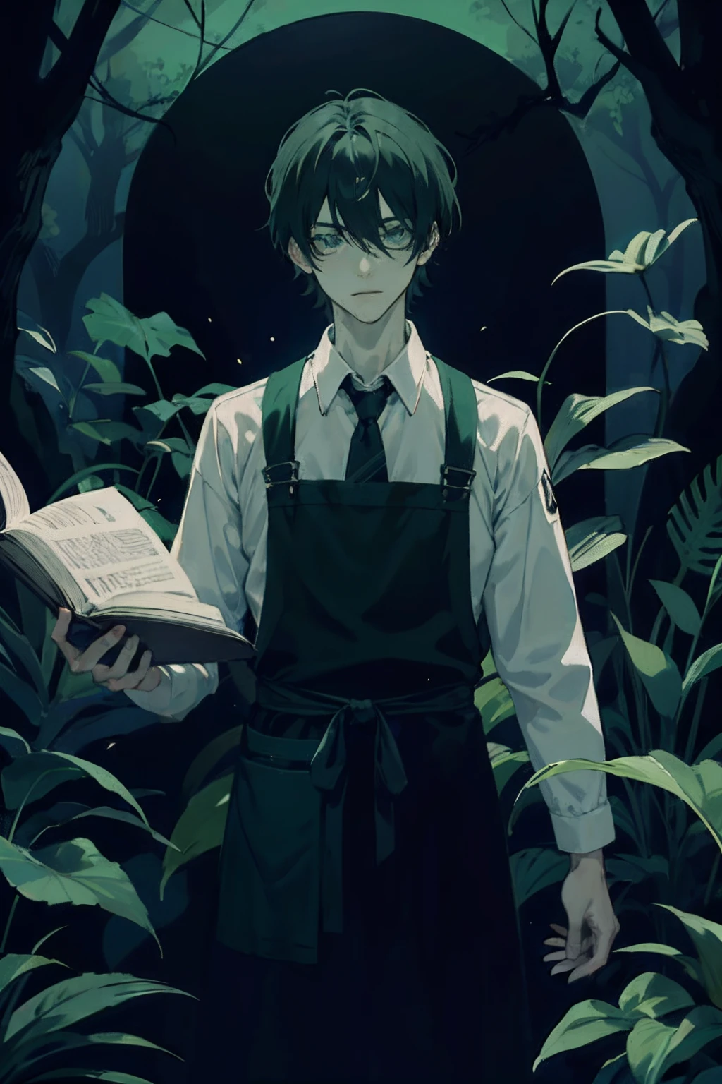 obra-prima, melhor qualidade, 1 masculino, adulto, alto, bonito, olhos negros finamente detalhados, detalhes intrincados, librarian, green librarian's apron, Livaria counter, livro preto de terror, ambiente noturno e aconchegante, floresta do lado de fora, dark ambience, horror, psilogico, anime vibe