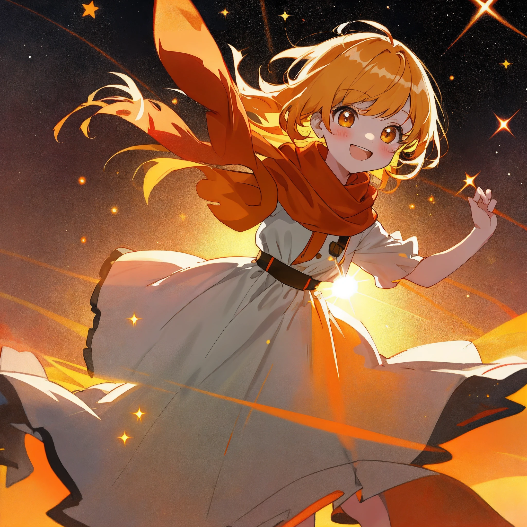 Orange-yellow gradient hair，With bangs，Hair on both sides，Cheerful and lively  girl，With a red scarf，The dress is a black skirt，adolable，There is light in the eyes，The background is night，There are stars around，The girl hangs in the air，And this girl seems to bring light，Its surroundings are bright，It's like a warm sunset，The light emitted is small and warm