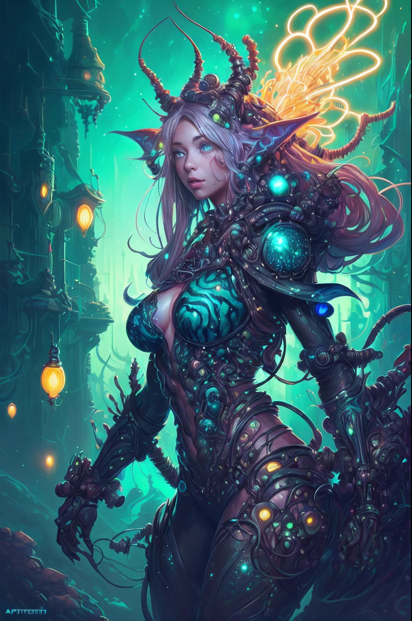 Amazing ???????, (beautiful female Elf Biopunk), cowboy shot, biopunk city background, (slimy, organic, glistening, bioluminescence), (64k ultra hd:1.1), (art by apterus, art by dan mumford, art by lovecraft:1.2), best quality, cgsociety, trending on ArtStation.
