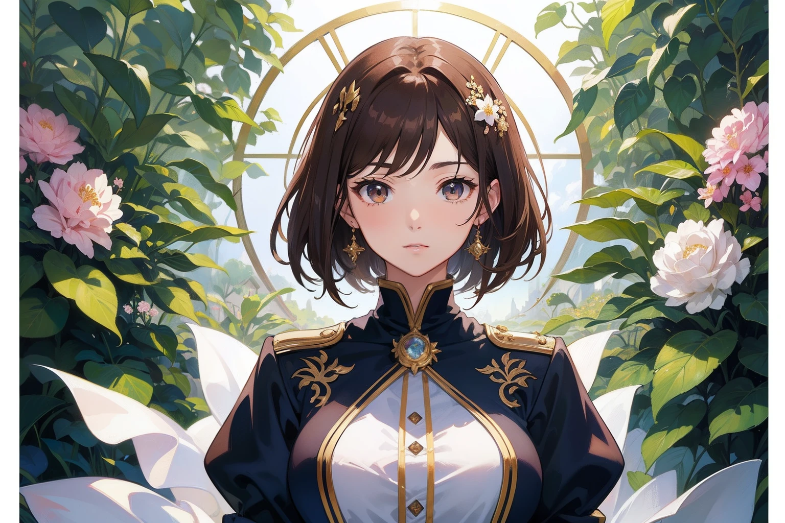 Official Art, Masterpiece European female, brown short hair , brown eyes, (​masterpiece、top-quality、hight resolution: 1.4),in 8K, Anime Art Nouveau, highly detailed exquisite fanart, anime fantasy illustration, clean detailed anime art, detailed anime art, Sharp Focus, Delicate Beautiful Hair and Eyes and Face, realisitic, ultra-detailliert, flower garden, sunlight,