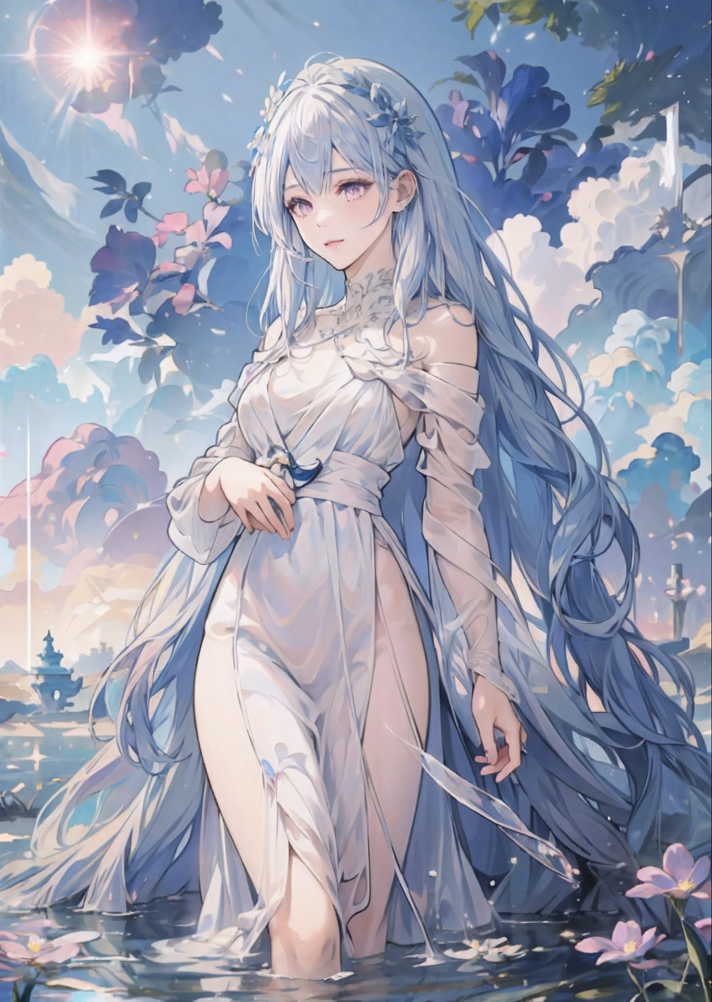 anime girl with long white silver hair standing in water with flowers, anime goddess, white haired deity, trending on artstation pixiv, cute anime waifu in a nice dress, ((a beautiful fantasy empress)), beautiful anime artwork, ”beautiful anime woman, portrait knights of zodiac girl, masterpiece goddess of sorrow, beautiful anime art, beautiful anime woman, White silver long hair,lovely pink eye,anime goddess,White long dress with silk,happy smile face,elegant woman,clear blue sky background,middle of colourful flower fields,flower crown,colourful and shining , detailed digital anime art,white haired deity,8k high quality detailed art,fantasy art,beautiful fantasy anime artwork,beautiful fantasy illustrate,fantasy art style,beautiful and elegant goddess, 2.5 d cgi anime fantasy anime artwork,goddess of flower,beautiful flower field,white hair,detailed beautiful face,pink eye, (8k high quality detail)