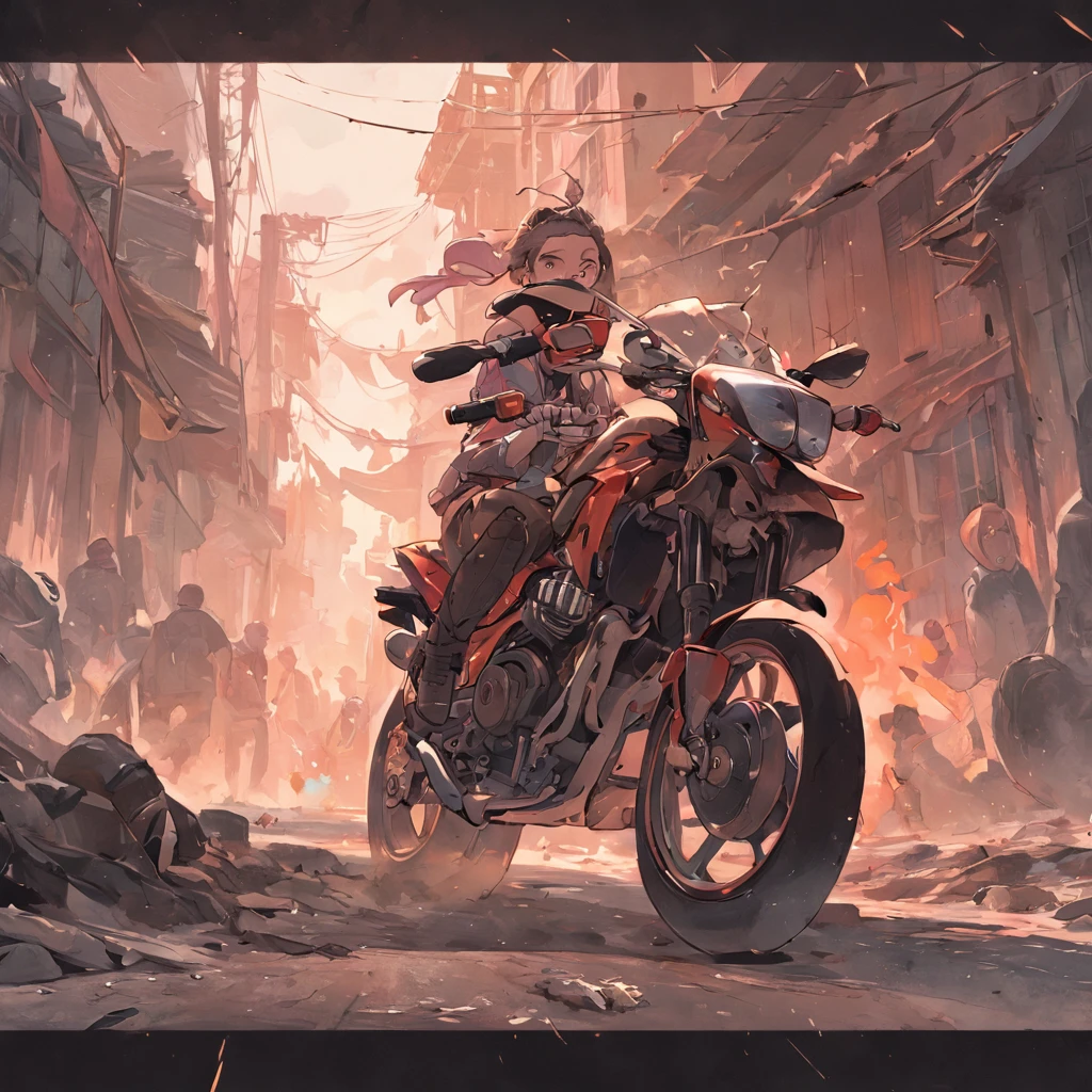 motociclista andando de motocicleta com seu colete de moto clube, Punk Diesel, album art, motociclista, Motocicletas, Detalhes completos, Vinheta pesada, Arte do local, post apocalyptic scene, destruction, bando de motoqueiros malvados, desenho, Arte Digital, 插圖, obra prima, por do sol, estrada nas montanhas, obra-prima, melhor qualidade, Cloud floating in the sky, Close-up, brilhante, Soft lighting and Warm, sun sunset, Sparks