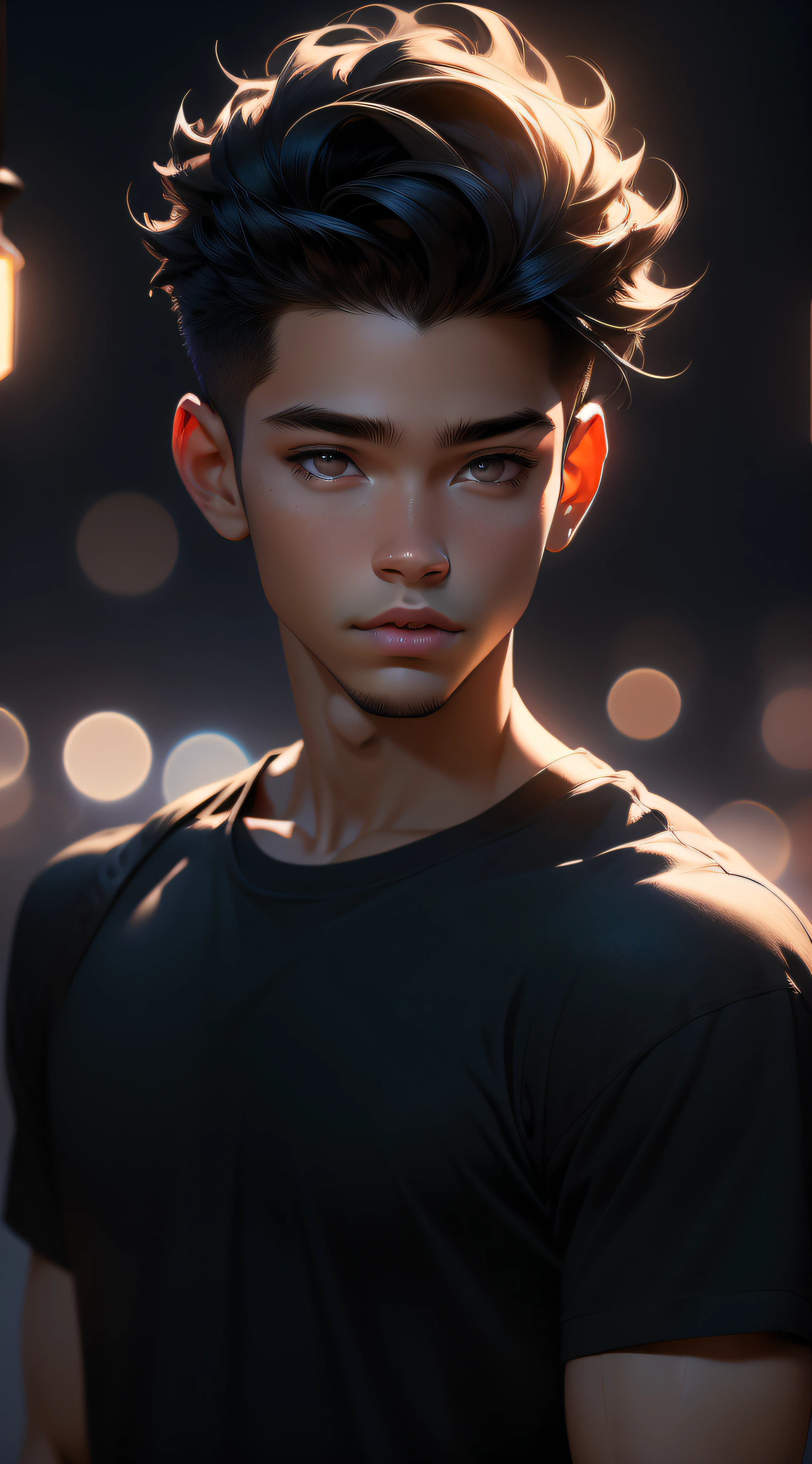 Absurdity, 1 boy,18 years old, stargazing, (realistic:1.5), gray eyes, wolfcut, black hair,sanpaku eyes,glare,(masterpiece, highly detailed cg unified 8k wallpaper, best quality, high definition: 1.2), (ultra_detailed, UHD:1.2), (pixiv:1.3), perfect lighting, clear, (1 boy:1.6), watch viewer, sidelight, perfect face, detailed face, Perfect body, beautiful eyes, pretty face, (light skin:1.4), black t-shirt,dark place, night, dark aura,((Man))))
