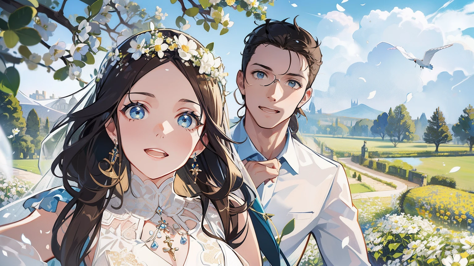 obra-prima, melhor qualidade, 2others, casal, 1man com 1woman, height difference, feliz, amor, sorriso, romantico, casamento, noivo e noiva, smokin azul royal, ela com vertido de noiva, paisagem cheia de flores, jardim, margaridas, testa, There's a man with glasses, light brown hair and royal blue suit and a beautiful woman with long light brown hair dressed as a wedding who hug, Directed by: Nandor Soldier, Lovely couple, casal feliz, casamento, Foto de perfil do headshot, retrato de casal, crescimento de um casal, imagem de perfil, imagem do avatar, imagem de qualidade muito alta, foto do perfil, retrato de casais, foto do perfil, retrato de alta qualidade, They are in love in a garden of white daisies