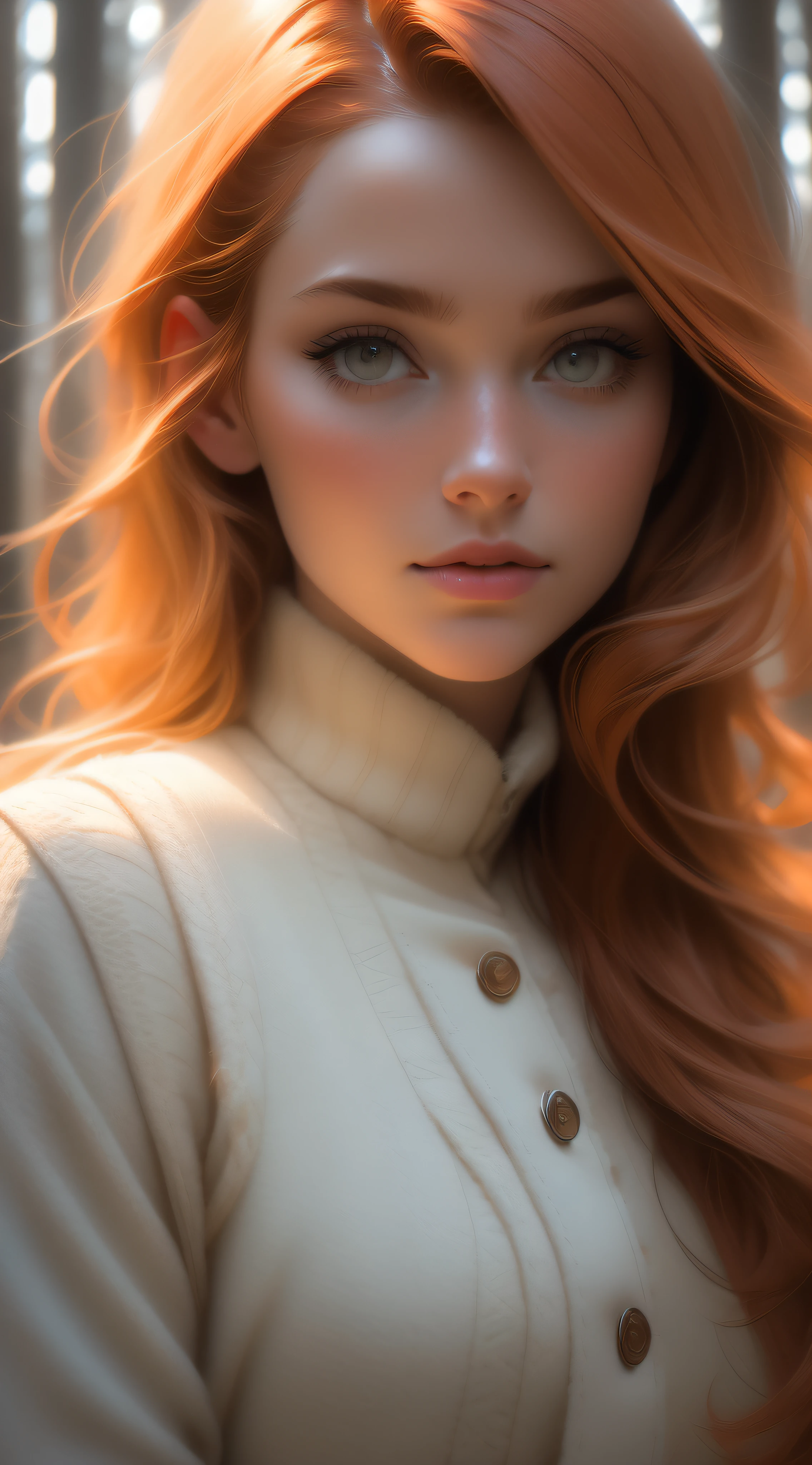 close up of a european woman, ginger hair, winter forest, natural skin texture, 24mm, 4k textures, soft cinematic light, RAW photo, photorealism, photorealistic, intricate, elegant, highly detailed, sharp focus, ((((cinematic look)))), soothing tones, insane details, intricate details, hyperdetailed, low contrast, soft cinematic light, dim colors, exposure blend, hdr, faded