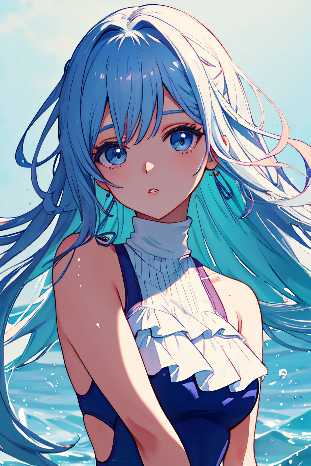 A cute girl, labios rosados,((((highneck swimsuit)))), en el estilo de la paleta de colores suaves,aurorapunk, an anime illustration of her ,cara,gifs animados,hand-drawn animation, bocetos encantadores, suaves y brillante, romanticismo brumoso, estilo superplano, blanco,fondo--ar 1:1--niji 5--estilo expresivo --s 50,sin mangas ,