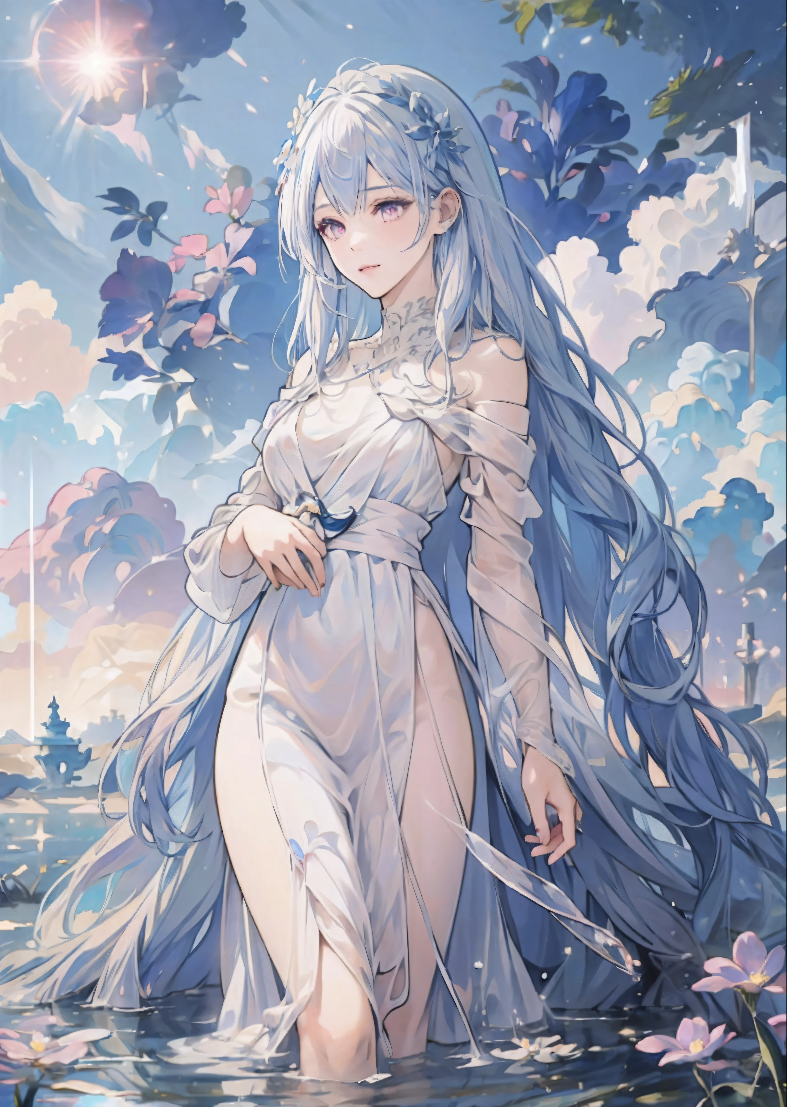 anime girl with long white silver hair standing in water with flowers, anime goddess, white haired deity, trending on artstation pixiv, cute anime waifu in a nice dress, ((a beautiful fantasy empress)), beautiful anime artwork, ”beautiful anime woman, portrait knights of zodiac girl, masterpiece goddess of sorrow, beautiful anime art, beautiful anime woman, White silver long hair,lovely pink eye,anime goddess,White long dress with silk,happy smile face,elegant woman,clear blue sky background,middle of colourful flower fields,flower crown,colourful and shining , detailed digital anime art,white haired deity,8k high quality detailed art,fantasy art,beautiful fantasy anime artwork,beautiful fantasy illustrate,fantasy art style,beautiful and elegant goddess, 2.5 d cgi anime fantasy anime artwork,goddess of flower,beautiful flower field,white hair,detailed beautiful face,pink eye, (8k high quality detail)