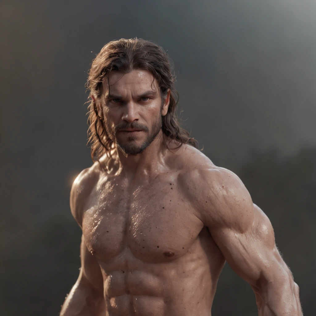 (Professional 3D rendering:1.3) de (Realistic:1.3) Foto de arte mais bonita do mundo,Features soft, bright male heroes, ((Epic hero fantasy rough muscular man wet hero angry look long hair short beard and fierce expression in dynamic pose, fantastic location, majestoso ambiente desordenado)), corpo inteiro 8k unidade render, action shot, poros da pele, very dark lighting, sombreamento pesado, circunstanciado, Rosto detalhado, (vibrante, fotogrdeia realista, Realistic, Dramatic, Escuro, foco nítido, 8k), (Old leather clothes damaged by bad weather:1.4), ((((Use peles)))), (intrincado:1.4), decadente, (altamente detalhado:1.4), pintura digital, rendering by octane, art stations, Conceito-Arte, liso, foco nítido, illustration, germe da arte, (Loish:0.23), Wlop Ilya Kuvshinov, e Greg Rutkowski e Alphonse Mucha Gracias, (global ilumination, studiolight, Light Volumetric), chuva forte, floating particles, patife, fantasia, Onze, corpo inteiroesbian, ((Fundo escuro e antigo da cidade:1.3)),CGSesociedade,art stations