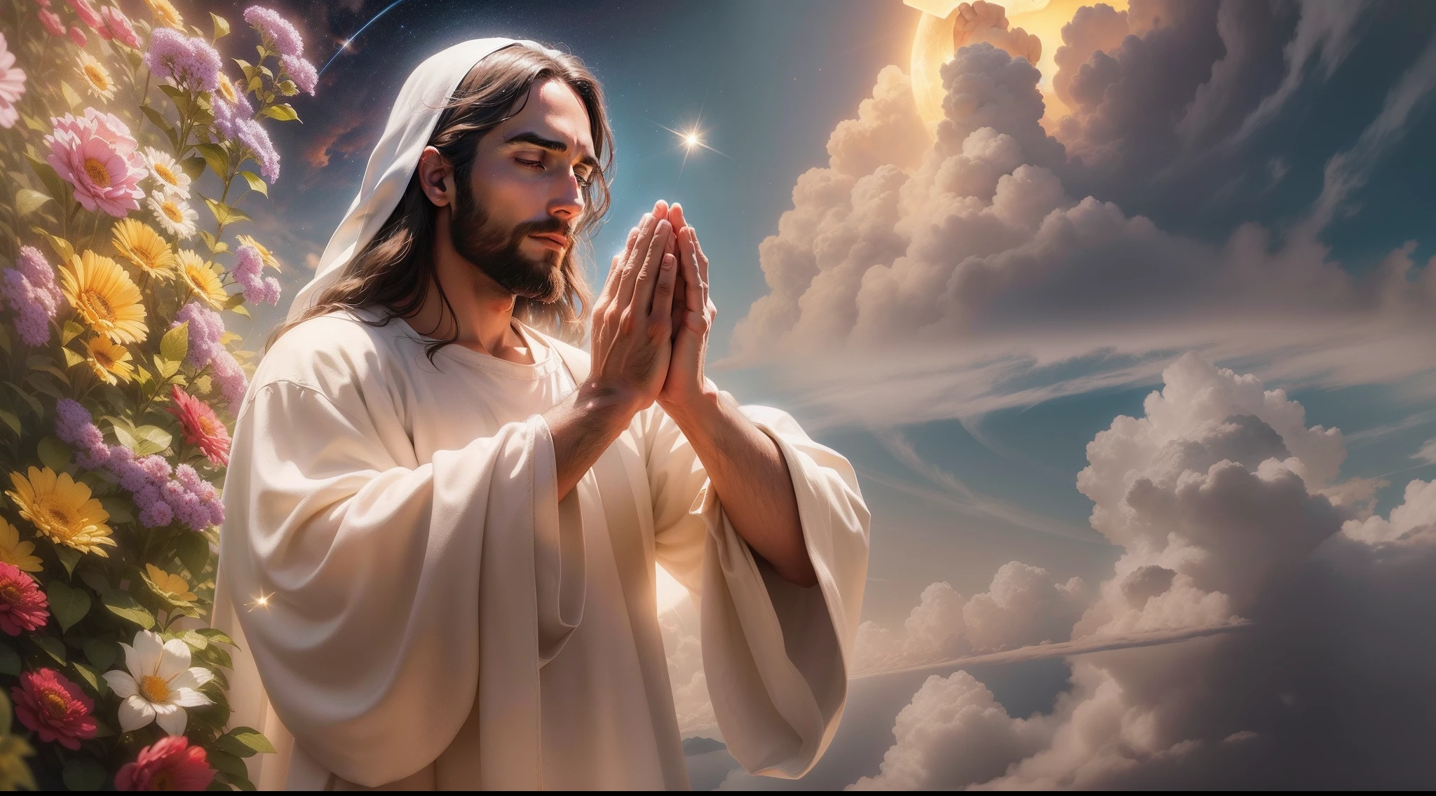 Closeup of an image of Jesus Christ praying and blessing, perfeito, Reslistic, Biblical setting, celestial scenery, sol e nuvens ultras realistas, flores e velas, Jesus illuminated from heaven, Passes in the background, flores coloridas, velas acesas