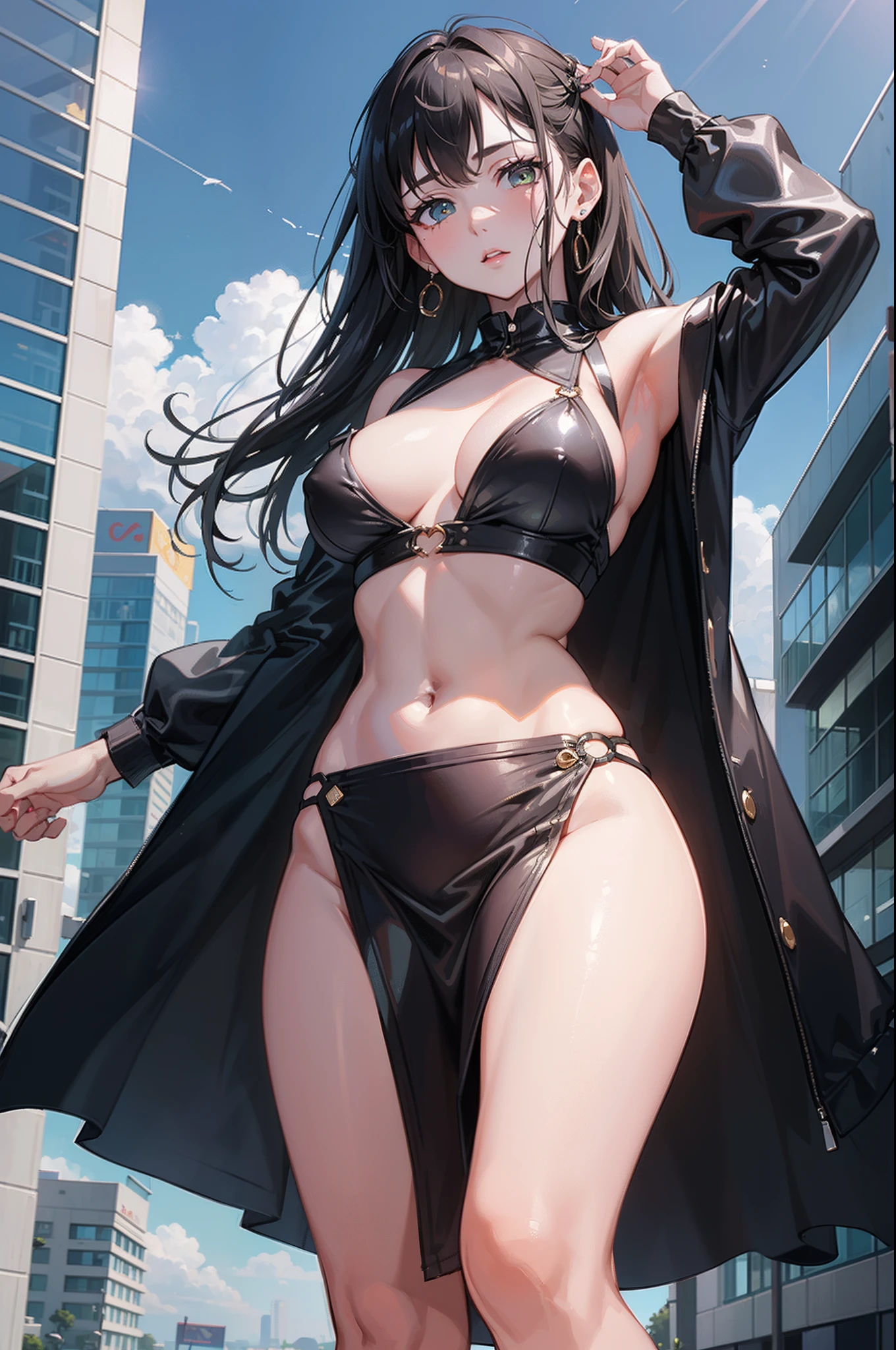 ((masterpiece))、(top-quality)、(detailed, 27 years old)、(1girl)、black hair、green glowing eyes、Upstyle、white shirt, see-through crop top、looking down to viewer、huge tits、Clean thighs、She's standing in the lens is looking upskirt at her . She's holding her breasts and a nipple is slipping out of her shirt. You can see her a little bit upskirt. is visible. Glossy skin. Mature face