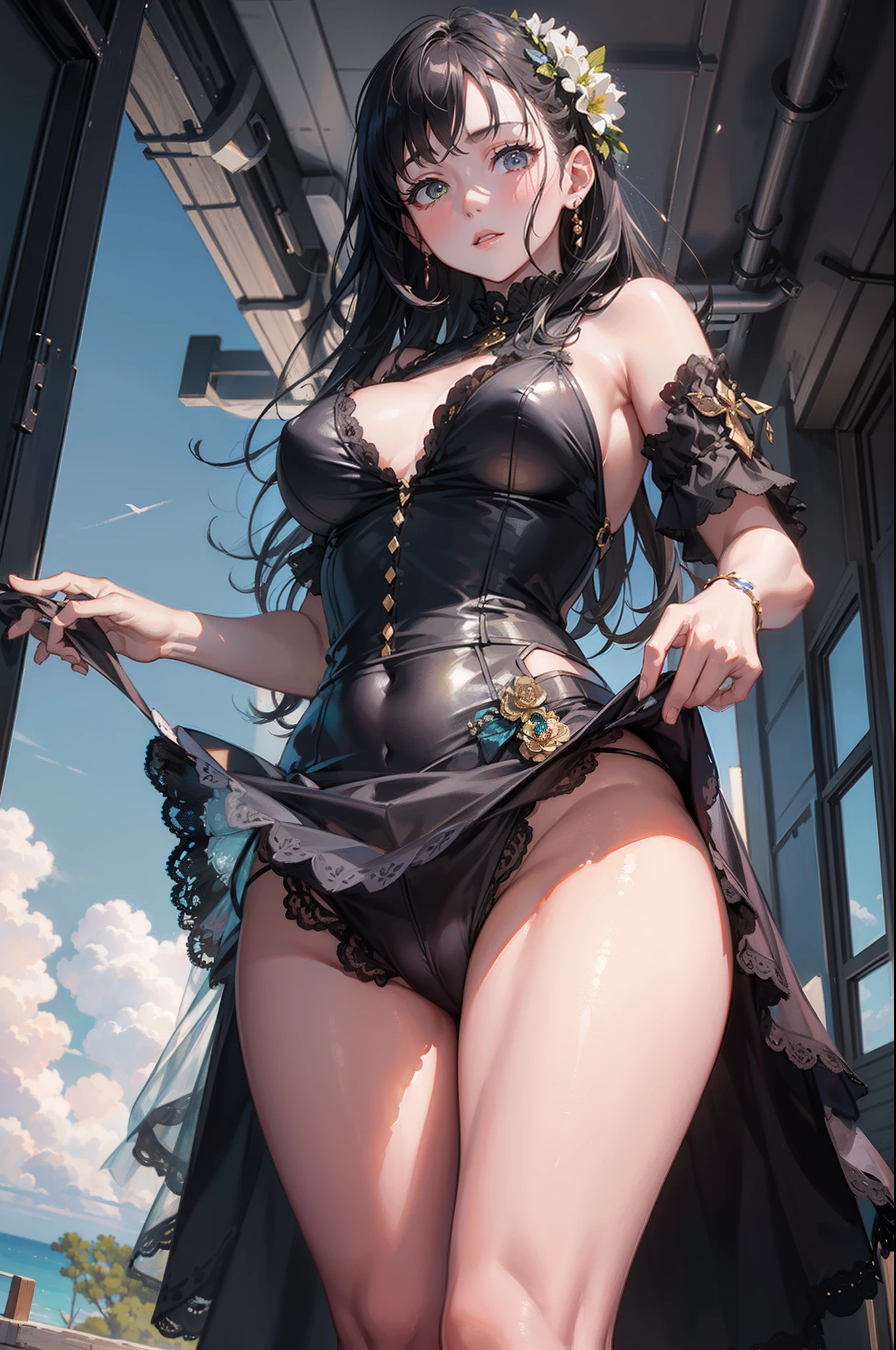 ((masterpiece))、(top-quality)、(detailed, 27 years old)、(1girl, her is seen)、black hair、green glowing eyes、Upstyle She's wearing a floral sundress, looking down to viewer、huge tits、Clean thighs、She's standing in the lens is looking upskirt at her . She's holding her breasts and a nipple is slipping out of her shirt. You can see her ,a little bit upskirt. is visible. Glossy skin. Mature face