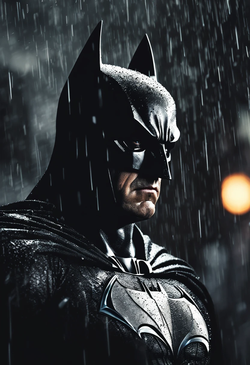 generate a stunning hyper realistic gothic style Batman poster with a close-up shot of Batman's face standing in the rain, gazing away from the viewer.