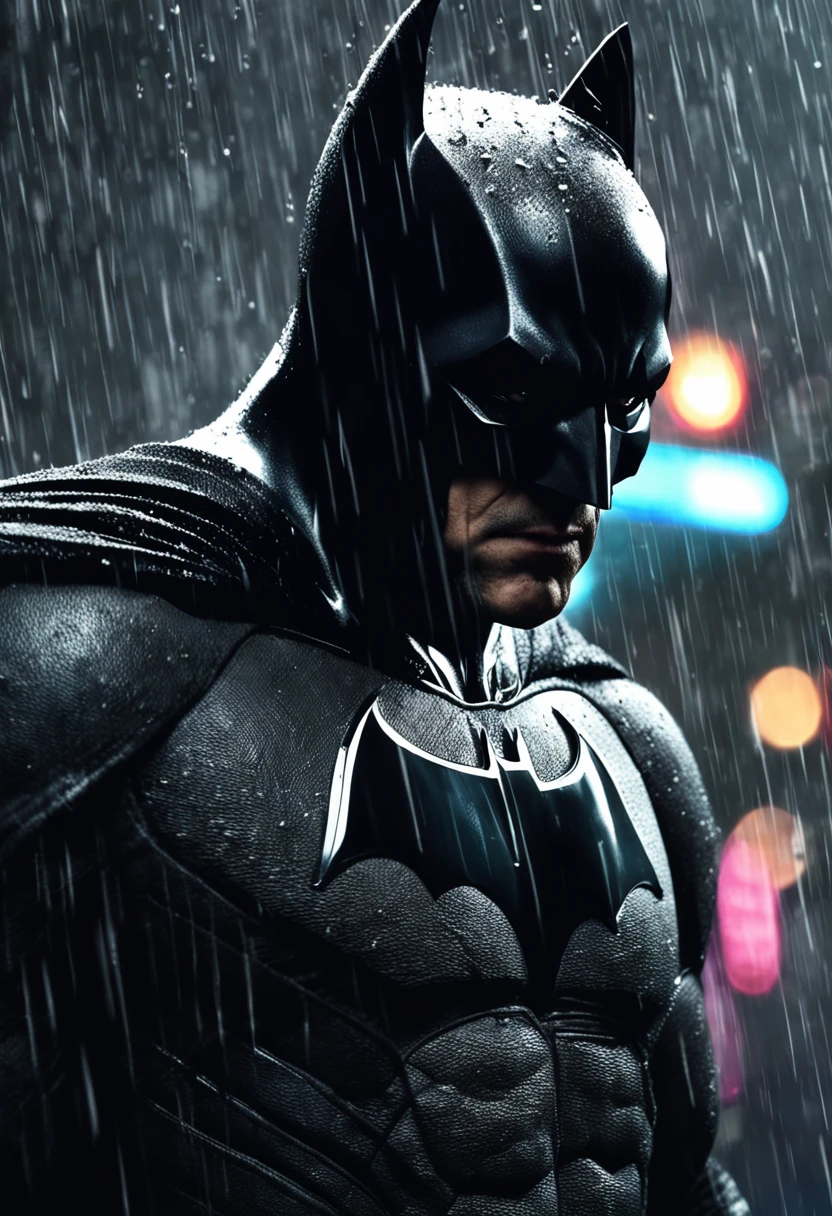 generate a stunning hyper realistic gothic style Batman poster with a close-up shot of Batman's face standing in the rain, gazing away from the viewer.