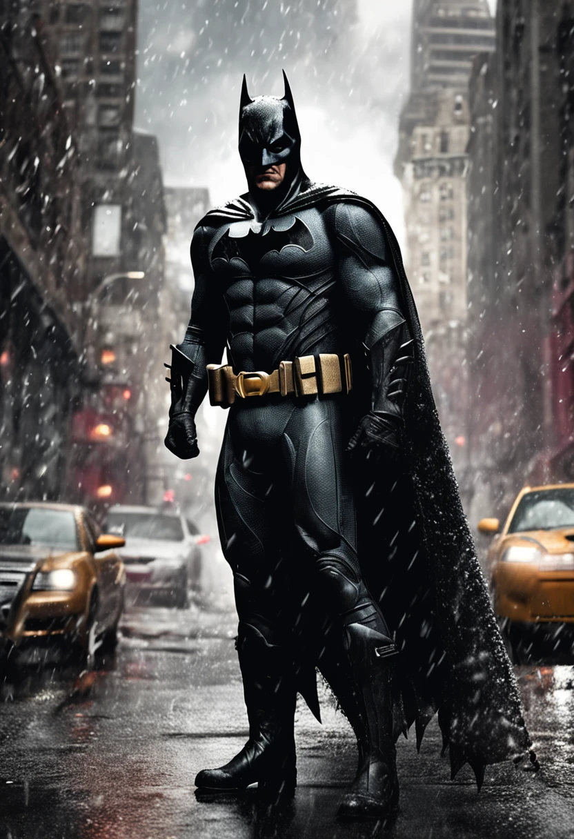 generate a stunning hyper realistic gothic style Batman poster with a close-up shot of Batman's face standing in the rain, gazing away from the viewer.