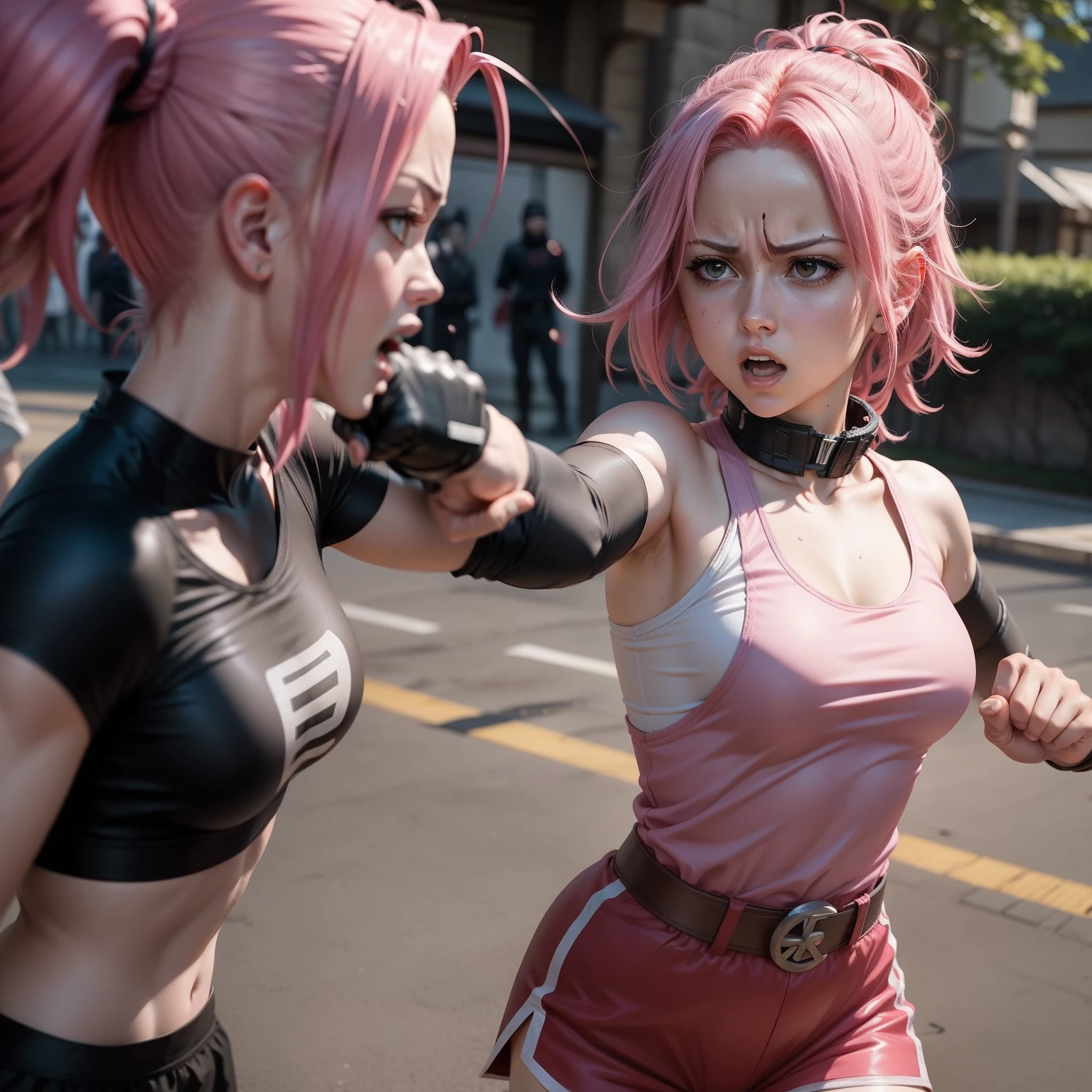 arcane style, neck tattoo, nose piercing,1girl, thick, mommy, pink hair, asymmetrical bangs, bandaid, short hair, bangs, freckles, grey eyes, scar, scar on face, solo, tattoo on face, arcane vi, looking at the viewer, purple, hair, large breasts, large breasts, cleavage, big cleavage, upper body, wearing only abra, bra, lingerie, angry face, mouth closed, closed mouth, angry, cleavage, vi from arcane, arcane style, tight bra, bending over, bending over looking at the viewer, vi \(league of legends\