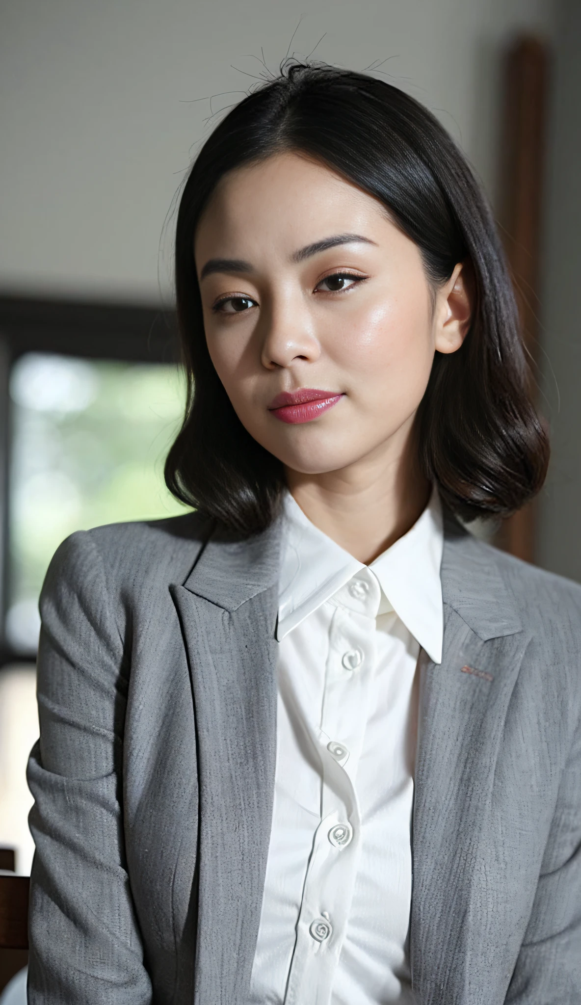 ((Best Quality, 8k, Masterpiece: 1.3)), (close up:0.75), Photorealistic, Sharp Focus, High Quality, High Definition, Portrait, Portrait, 1 Japan Beautiful Person, Middle Aged Woman, Business Suit, 43 Years Old, Plump, (wearing blazer and white shirt and mini skirt), ((Light from slits of locker)), Smile, Wavy Hair, Wrinkles at the corners of the eyes, ((Show Pubic and Panties:1.5)), have a crumpled tissue, Squatting, Office, Dark Locker,