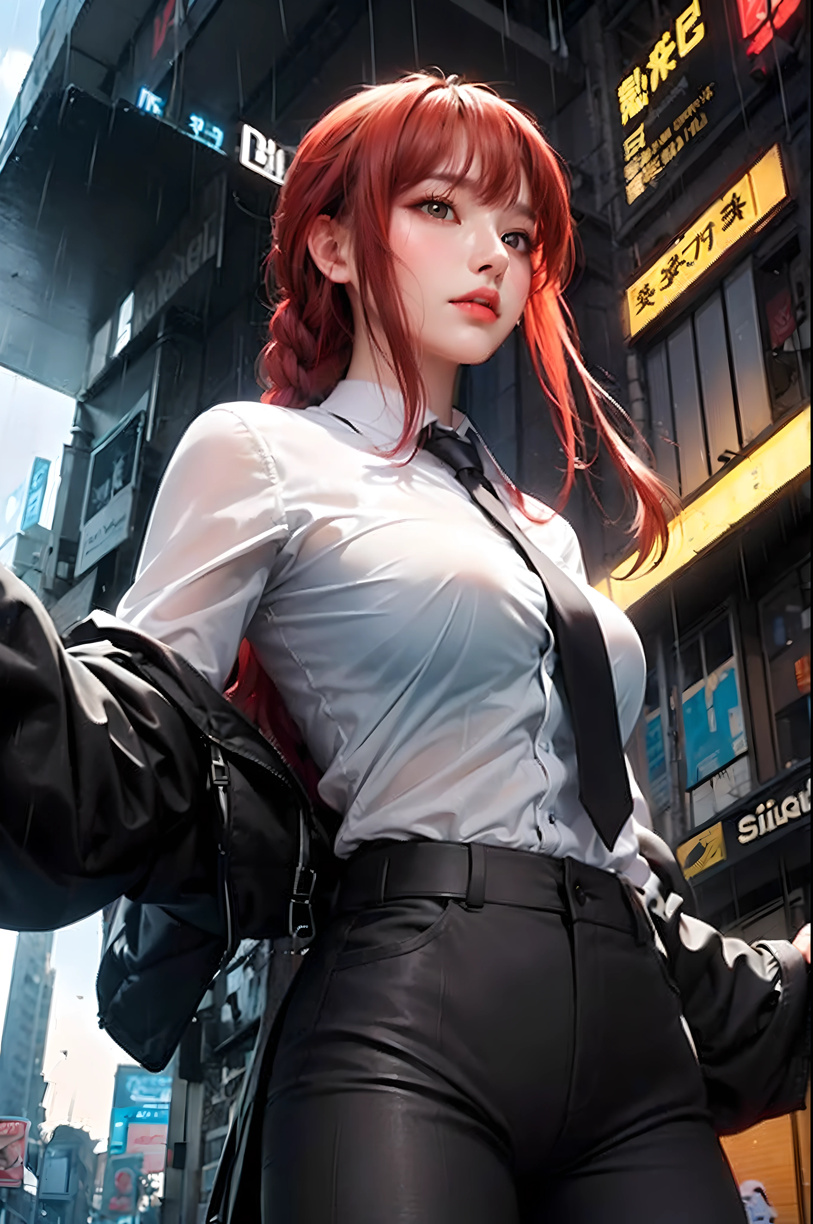 1girl, 8k portrait of beautiful girl with red hair, intricate, elegant, realistic photography, building city background (masterpiece, sidelighting, finely detailed beautiful eyes: 1.2), braid hair, realistic hair, realistic eye, realistic human face, realistic human photography, (neon background), chinese face (yellow eyes), rainny, start wearing suits,