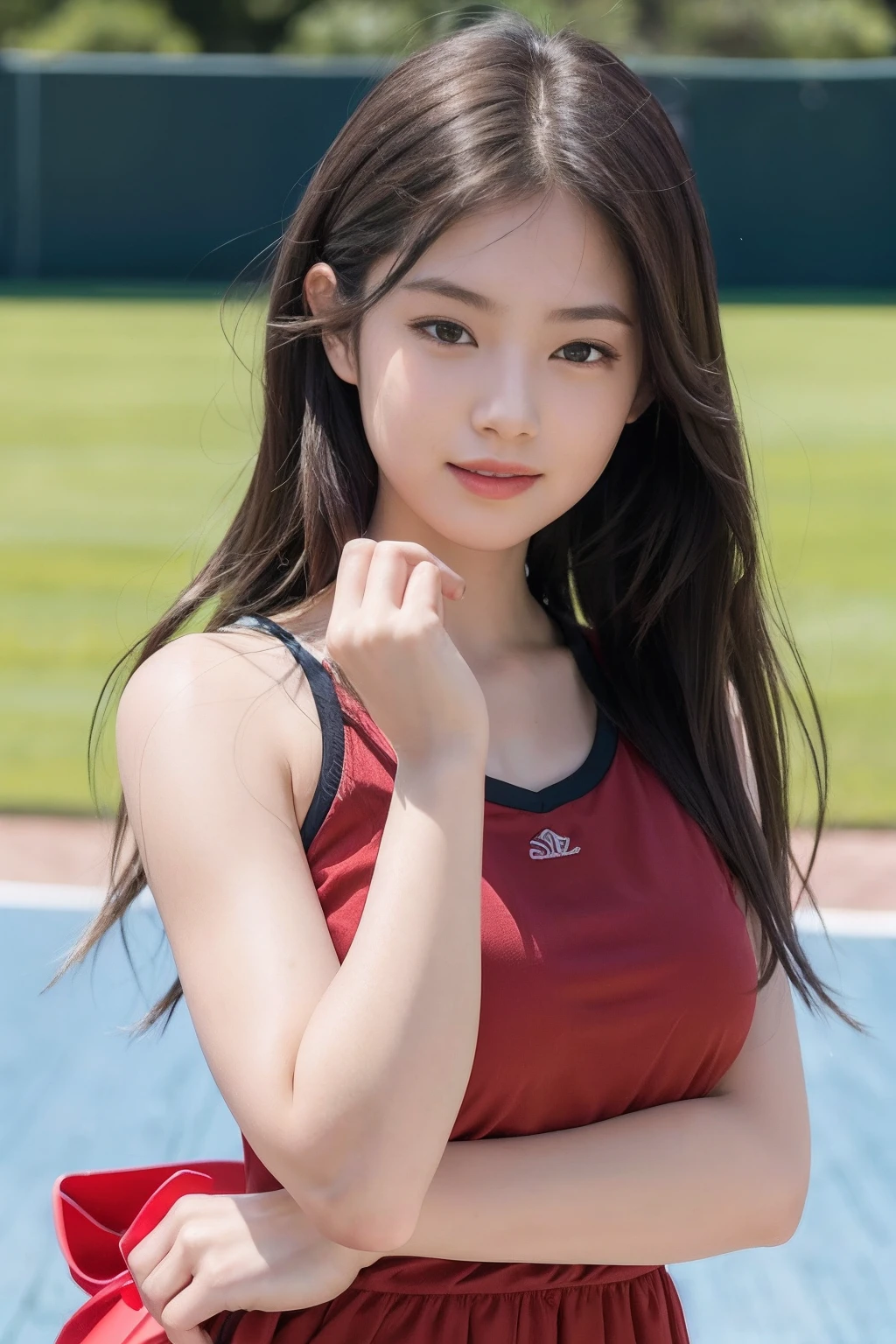 (8K, Best Quality, Masterpiece: 1.2), (Realistic, Photorealistic: 1.37), Super Detail, 1 Girl, 20 years old, Big, Beauty, Cute, Smile, Solo, Tennis Wear, Mini Skirt, Tennis Court, Racket, Tennis Ball, (Redness of the Nose), (Smile: 1.15), (Mouth Closed), Beautiful Eyes, (Long Hair: 1.2), Floating Hair Novafrog style, upper body