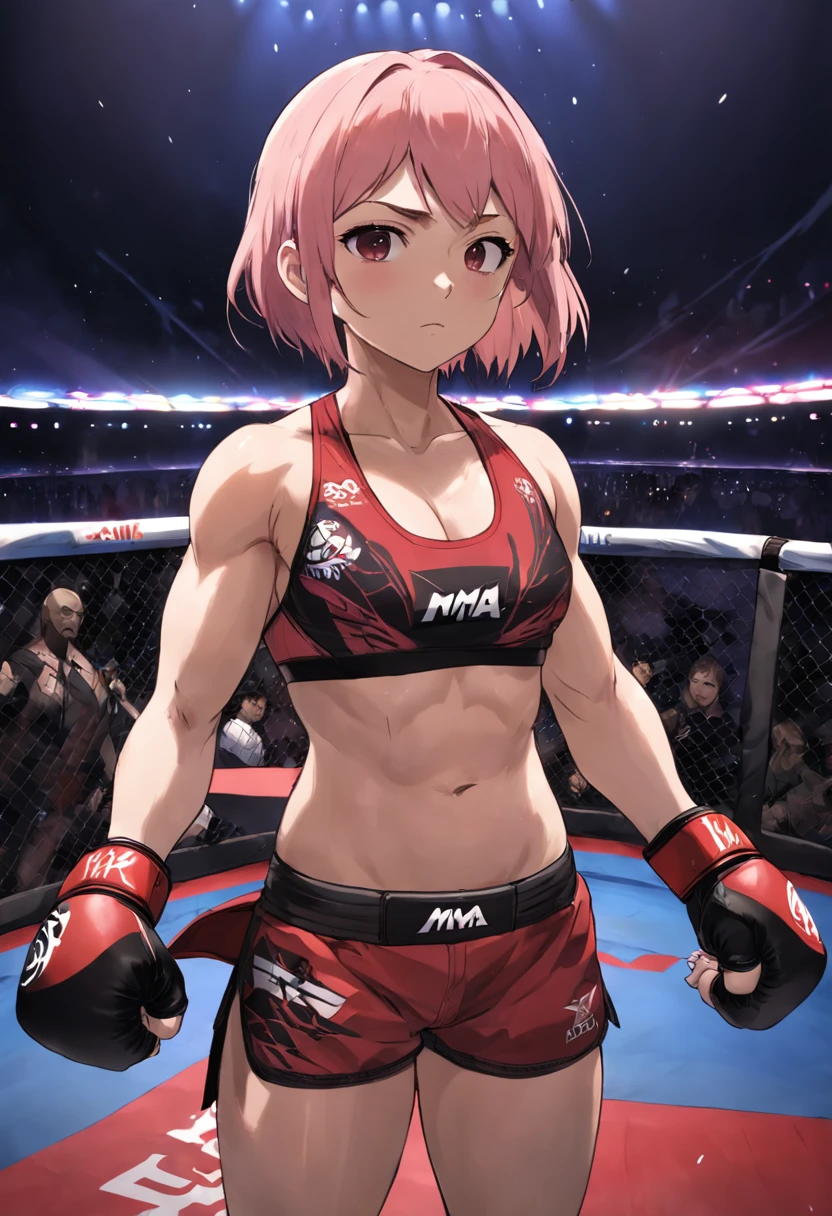 "A powerful and commanding female UFC fighter with a striking pink hairstyle radiating intensity and unwavering confidence."