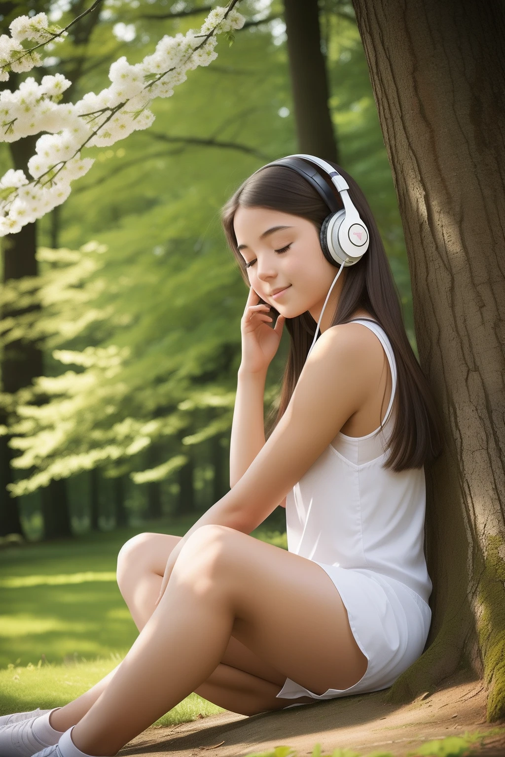 A young girl, likely in her , sits on a tranquil beneath the shade of a blossoming cherry tree. She's the centerpiece of the image, engrossed in her own world. The girl wears a contented smile, her eyes closed, and a pair of stylish headphones covering her ears. The headphones serve as a colorful barrier, signaling her desire for solitude and quietude.
Sunlight filters through the branches, casting dappled shadows on her figure. A gentle breeze rustles the leaves, creating an aura of calm.
The girl's body language exudes relaxation, while her choice of headphones becomes a visual symbol of her intention to escape into her own world of music or thought. The scene conveys a sense of unity with nature and an unspoken understanding of personal space, capturing a peaceful moment of solitude amidst the beauty of the outdoors.
