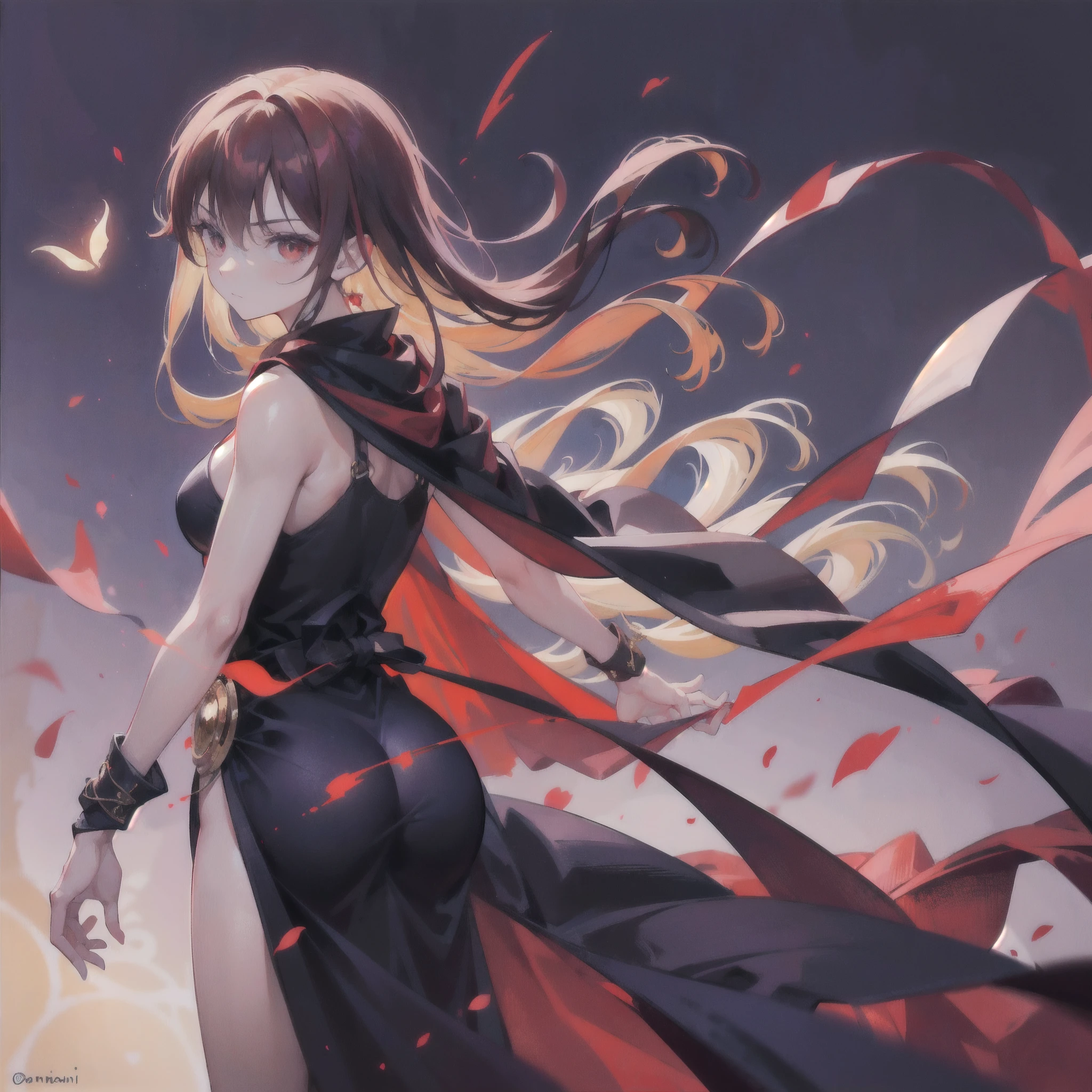 (obra maestra) (La mejor calidad) In a dark room of a strange reddish mist and golden sparks emerges a beautiful and beautiful witch of demonic appearance and great magical powers.............. Your hair is being lifted upwards by a mysterious wind.