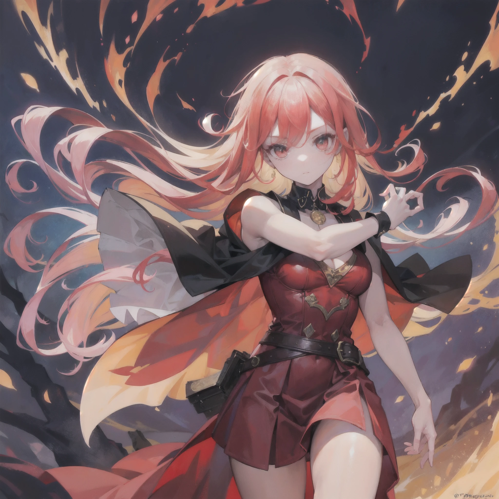 (obra maestra) (La mejor calidad) In a dark room of a strange reddish mist and golden sparks emerges a beautiful and beautiful witch of demonic appearance and great magical powers.............. Your hair is being lifted upwards by a mysterious wind.