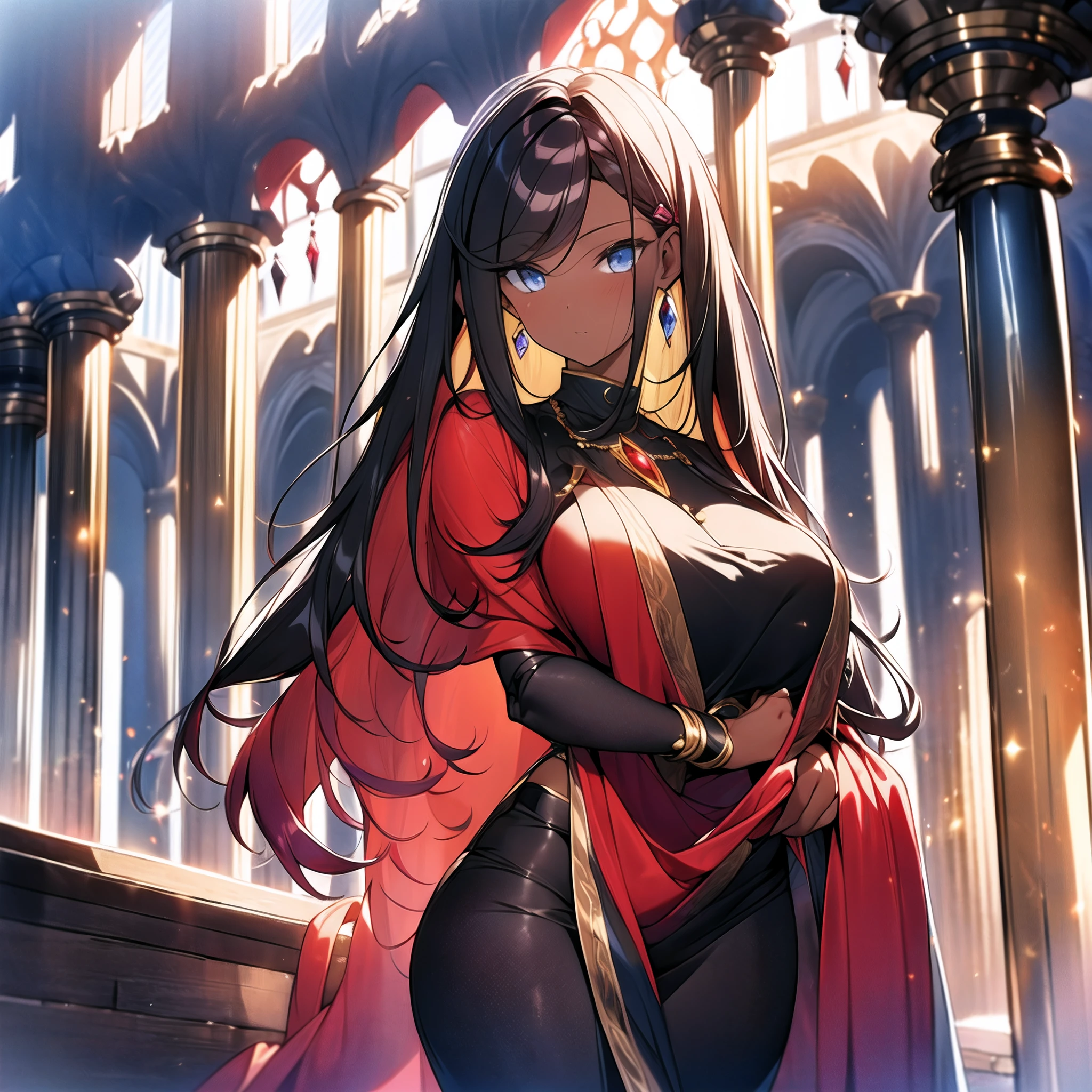 perfect anatomy, masterpiece:1.2, best quality, 8k, beautiful detailed grow, daydreaming expression, profile (solo straight black hair long hair beauty femdom  girl, 17 yo, bigboobs, detailed red eyes, ((shout to the sky)), in a  no exposure red queen dress, the castle rooftop.