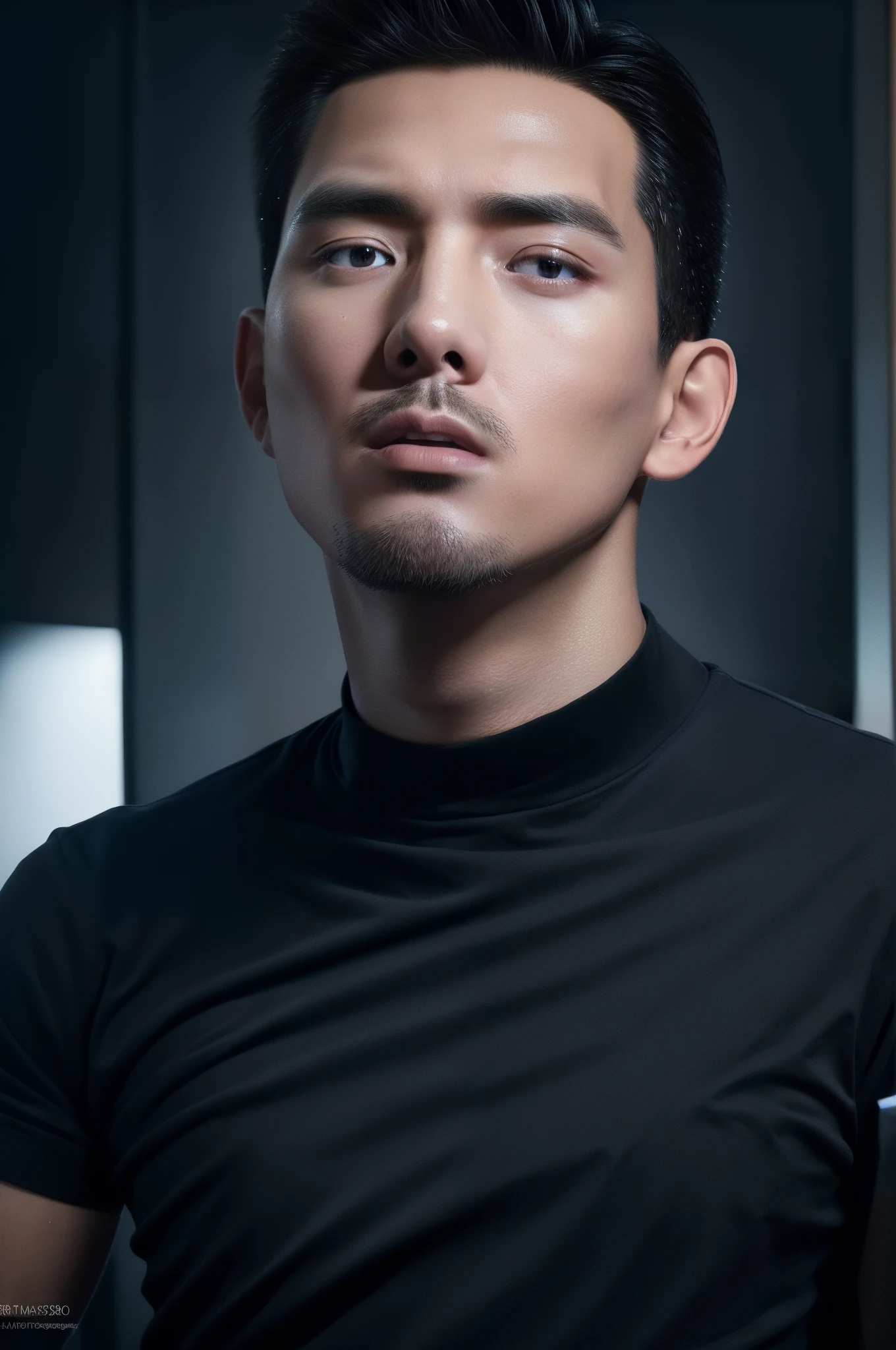 an award winning photograph of a (handsome man:1.1), detailed, trending on artstation((Best Quality, 8k, Masterpiece:1.3))), black shirt,