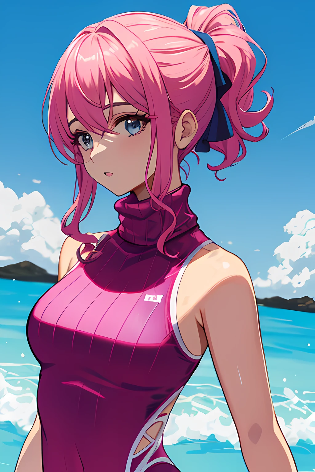 1girl,ingrid,dark skin, dark-skinned female, very long hair,long ponytail yellow eyes, purple lips, pink hair, forehead, hair intakes, mole under mouth, mole, large breasts,school_swimsuit ,cowboy shot,sunglasses,beach,sea,dynamic pose,wading,wet