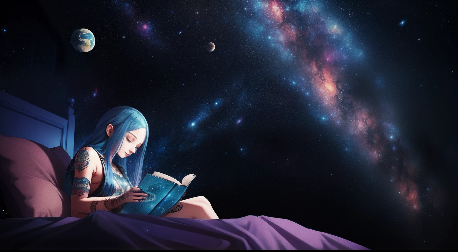 Woman with long blue hair with tattoos on her arm reading a book in her room, realista, ultra hd, Room with details of galaxies and stars from outer space, psicodelic, lofi vibes